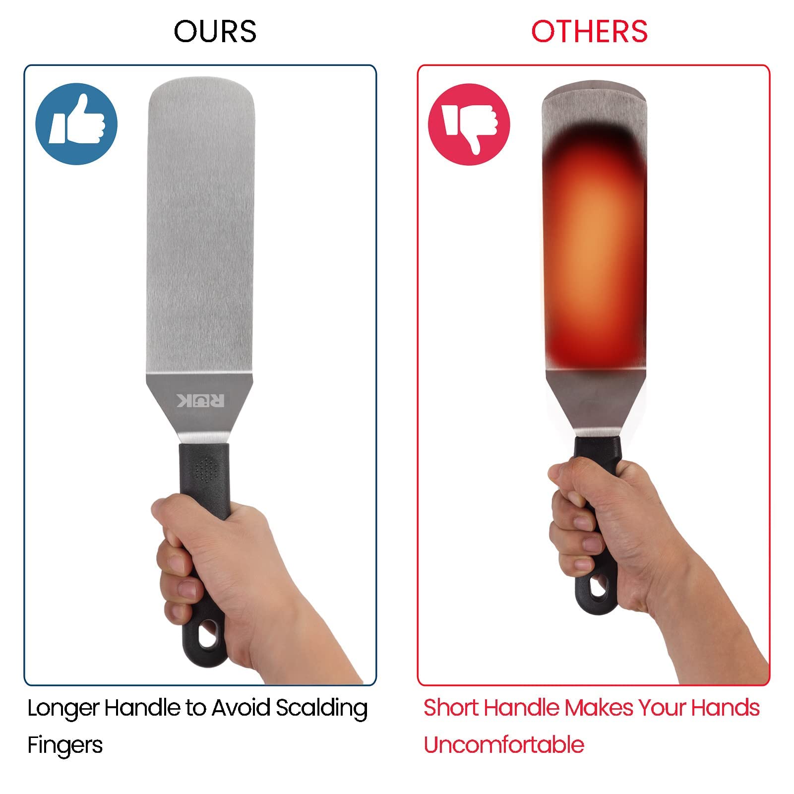 RüK long-handle metal spatula close-up for safe comfortable flipping