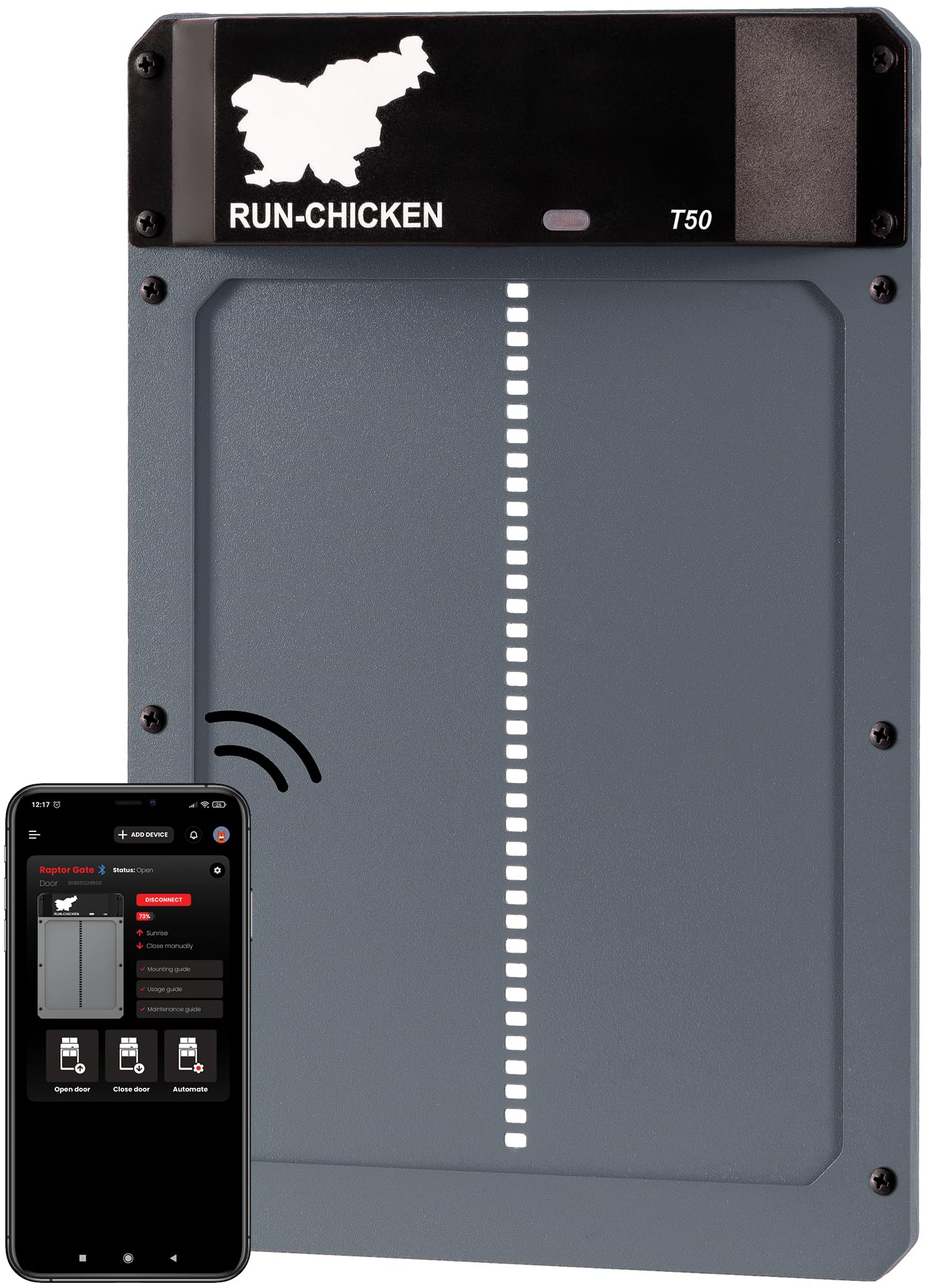 RUN-CHICKEN front view showing full T50 unit and tidy installation benefit