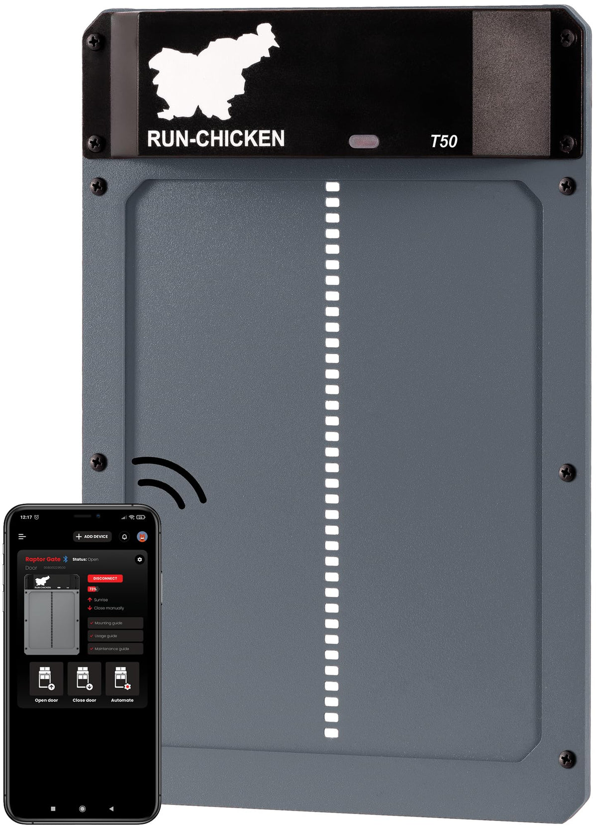 RUN-CHICKEN front view showing full T50 unit and tidy installation benefit