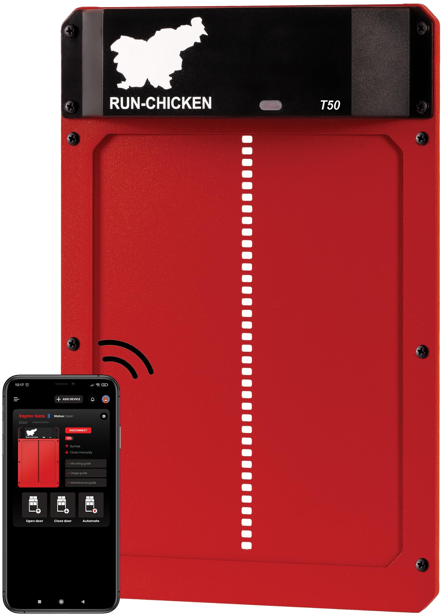 RUN-CHICKEN T50 front view showing red automatic coop door and clear benefits