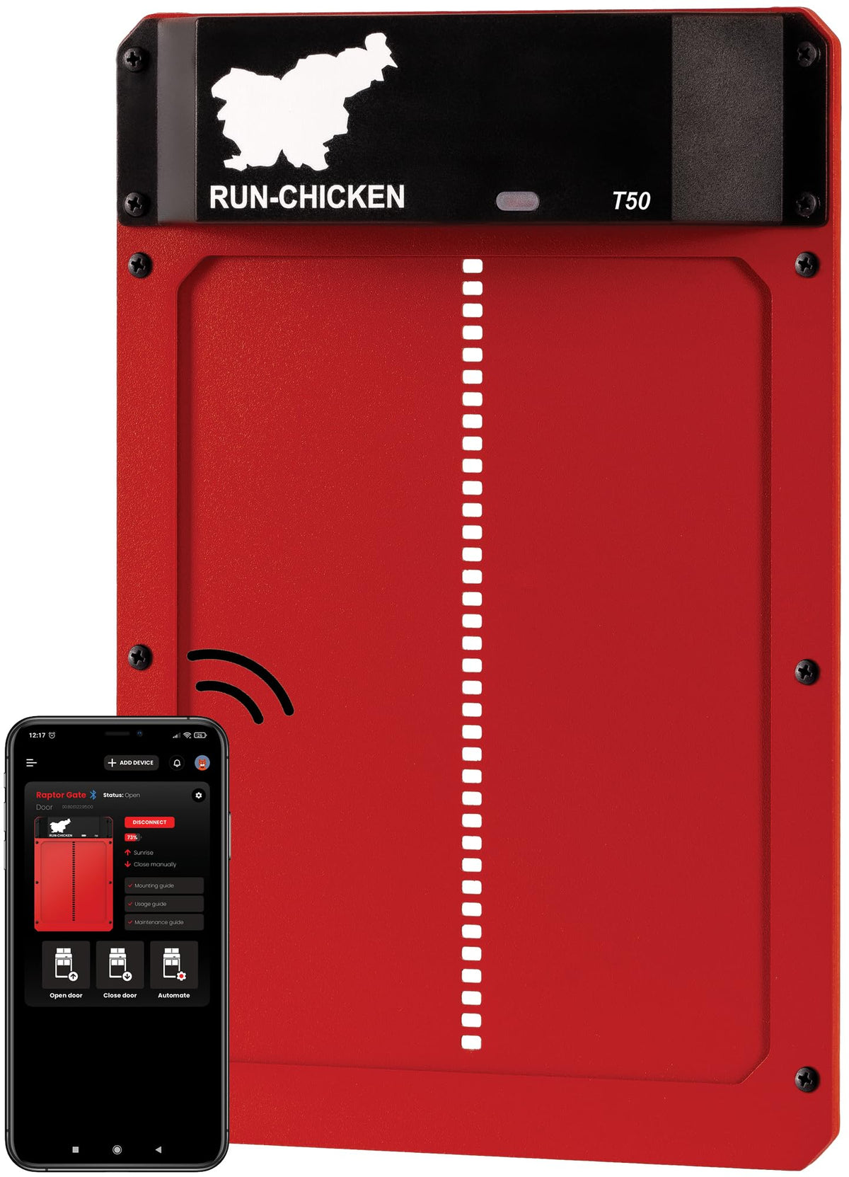 RUN-CHICKEN T50 front view showing red automatic coop door and clear benefits