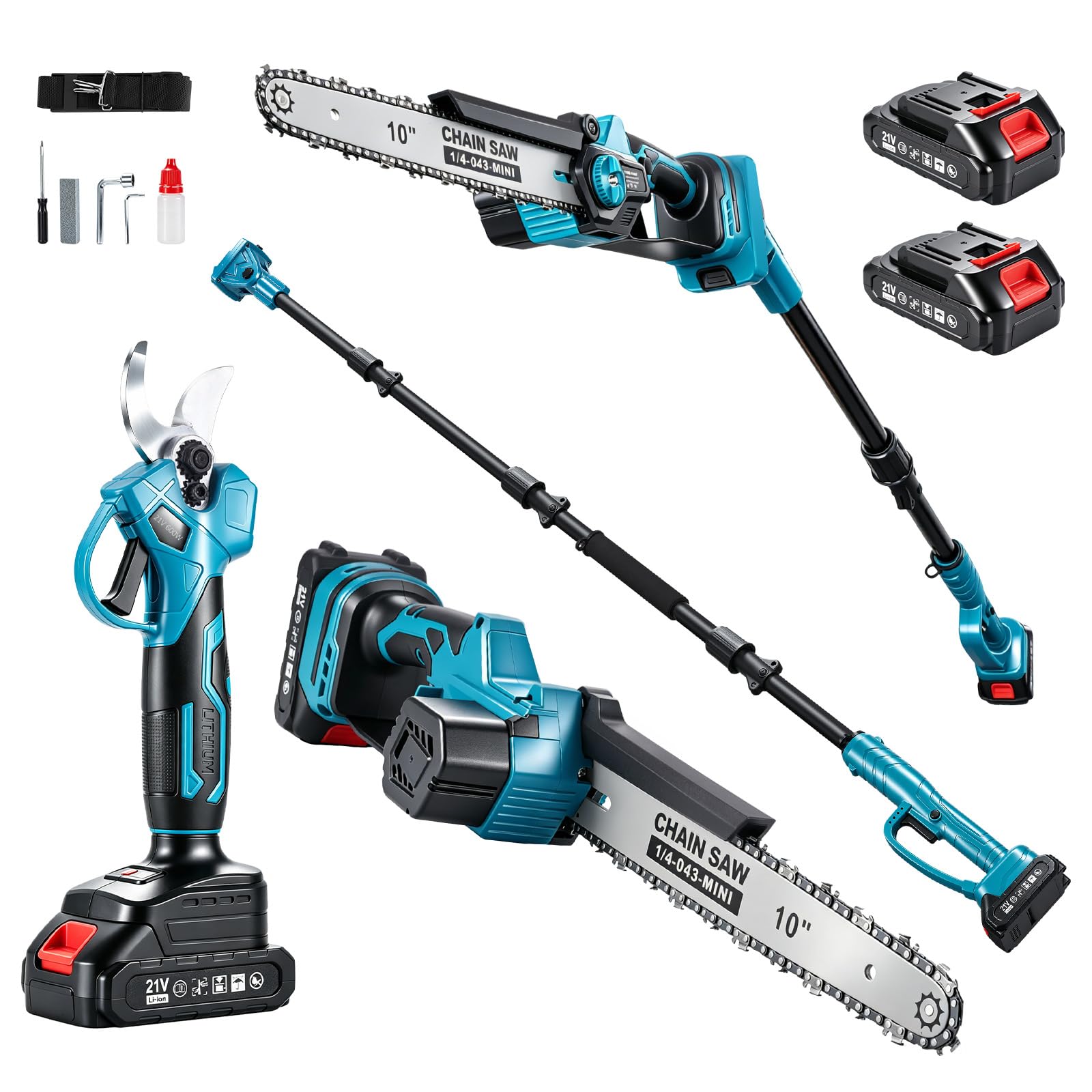 Run Jee front packaging showing pole saw kit and included batteries for convenience