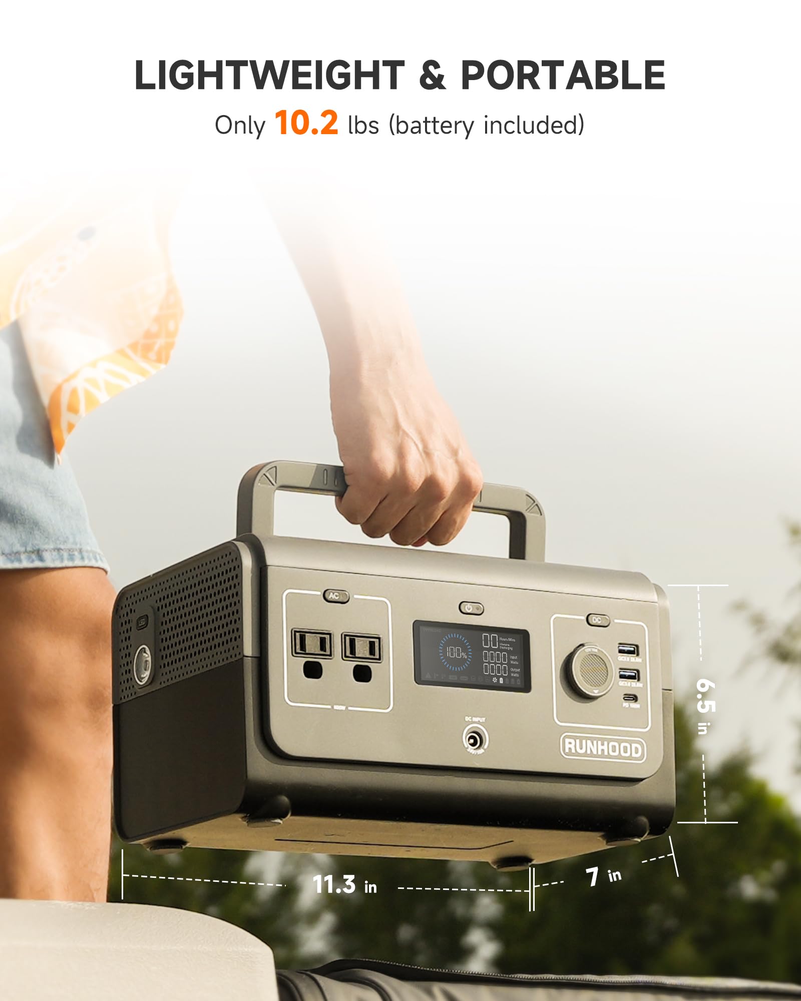 RUNHOOD unit connected to car charger demonstrating on-the-road recharging convenience