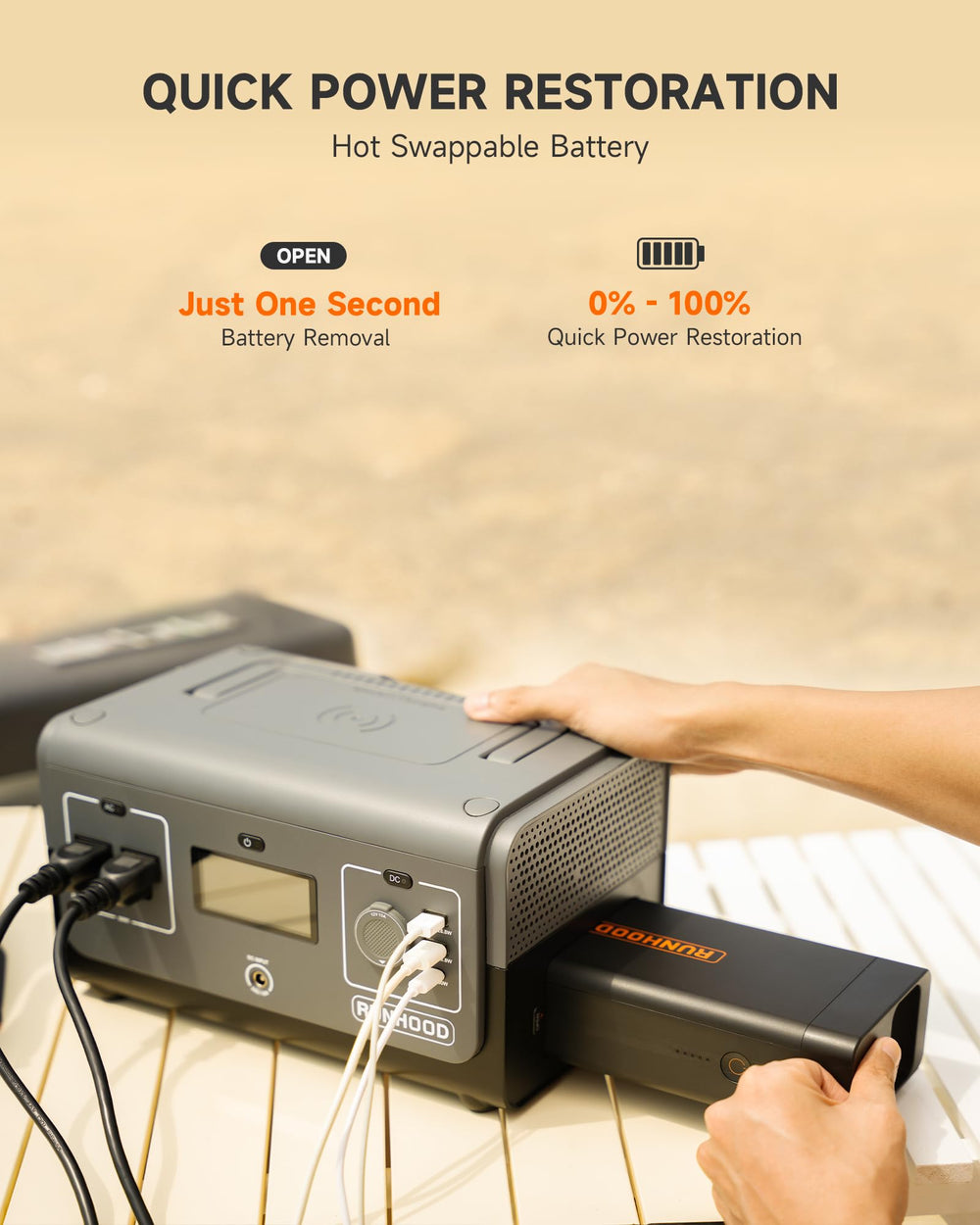 RUNHOOD Energy Bar close-up highlighting swappable battery for fast replacement