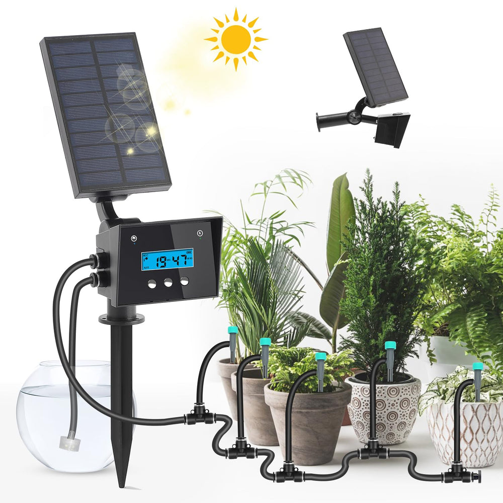 RUNWUSHENG controller front view showing compact solar waterer, simplifies outdoor irrigation