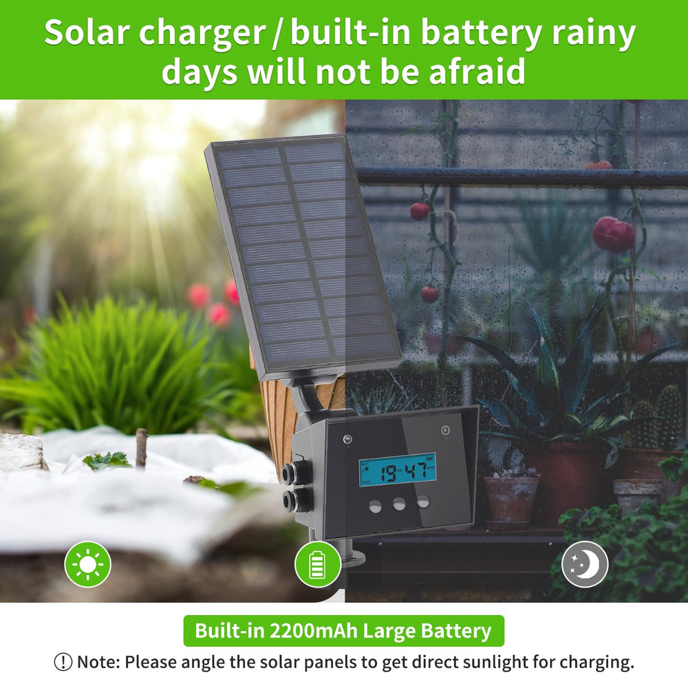 RUNWUSHENG solar panel angled shot highlighting sun charging for off-grid watering