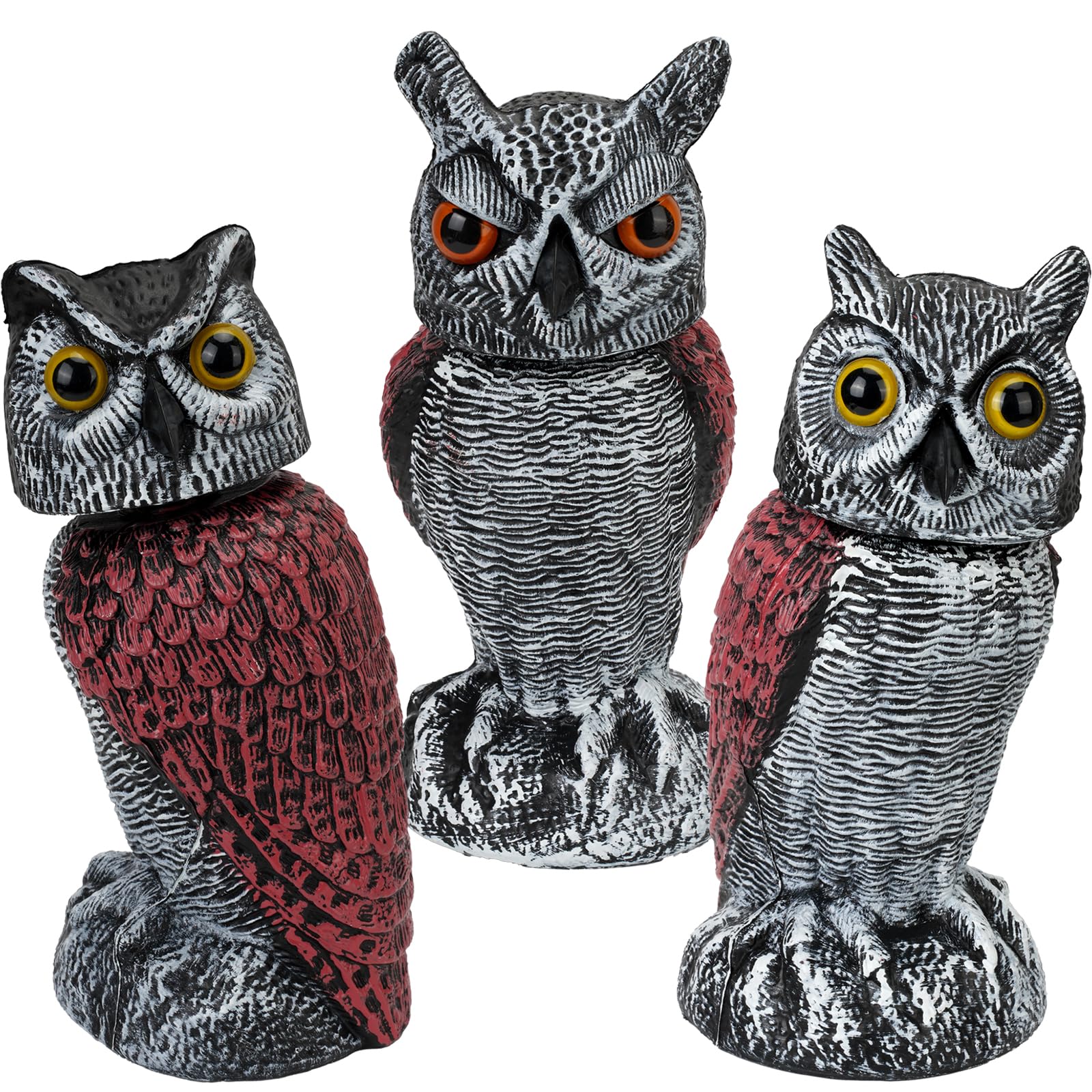 Ruolan front view owl decoy showing lifelike posture and deterrent effect