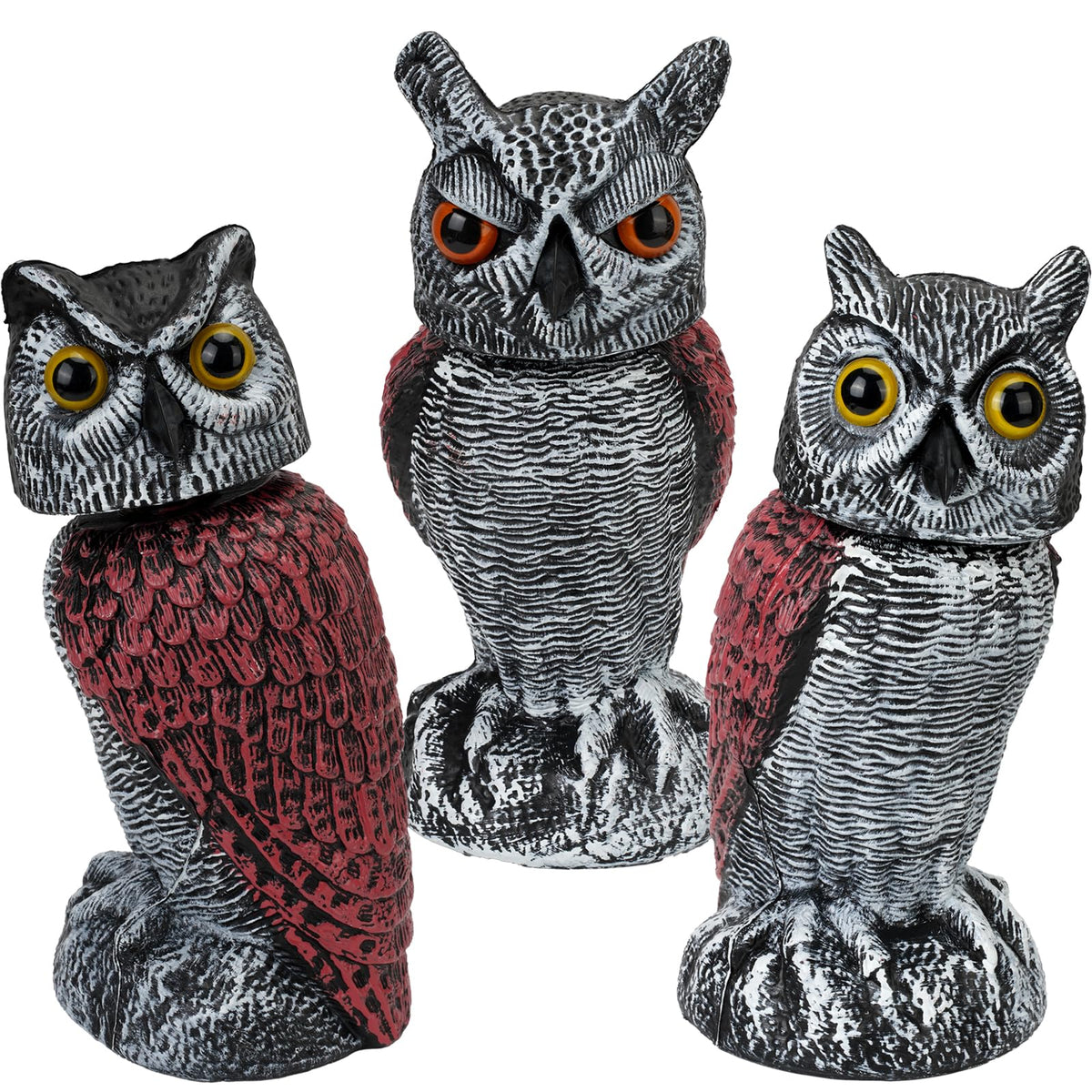 Ruolan front view owl decoy showing lifelike posture and deterrent effect