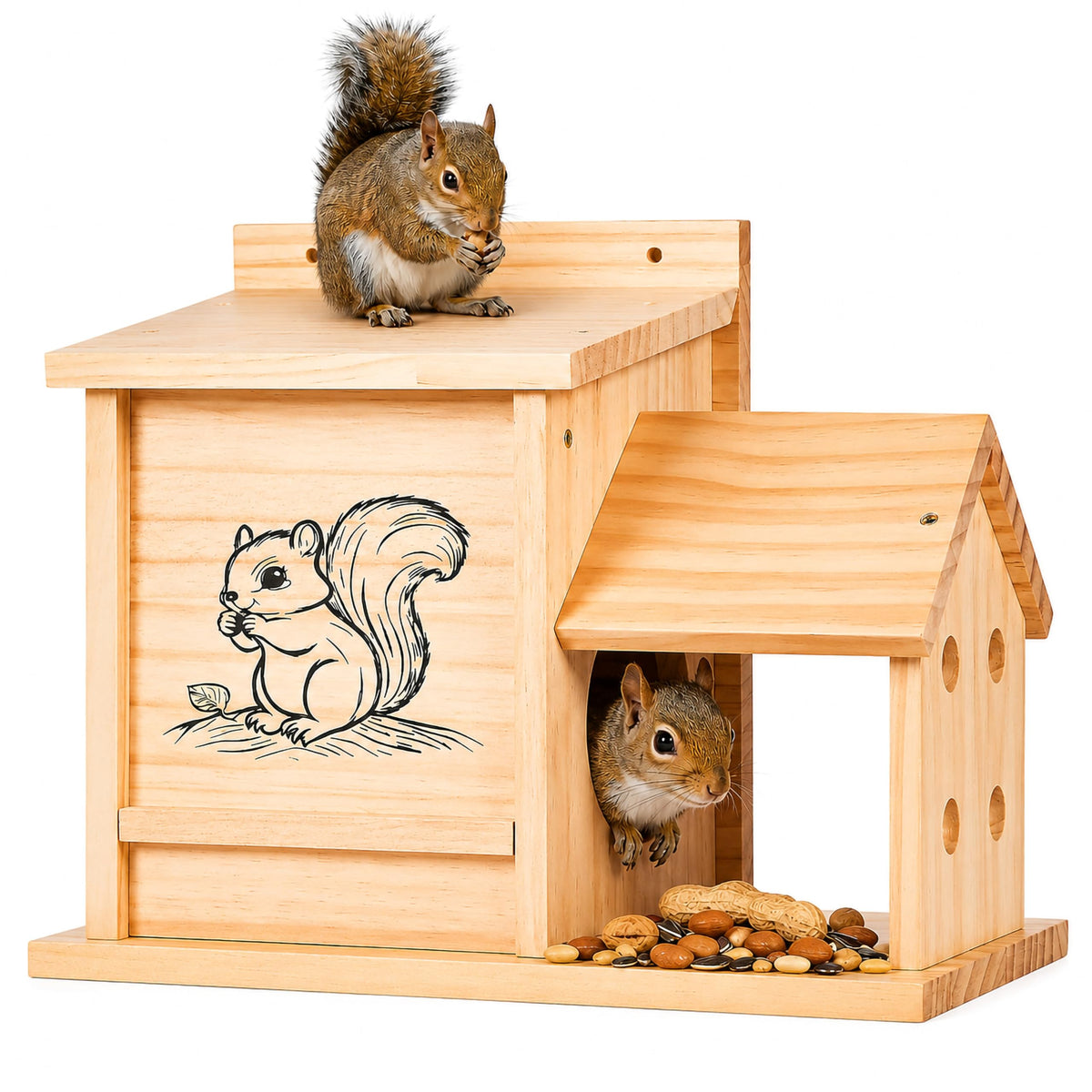 Ruomi1y front view of squirrel house showing porch and pattern, attractive garden feature