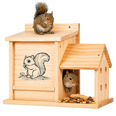 Ruomi1y front view of squirrel house showing porch and pattern, attractive garden feature