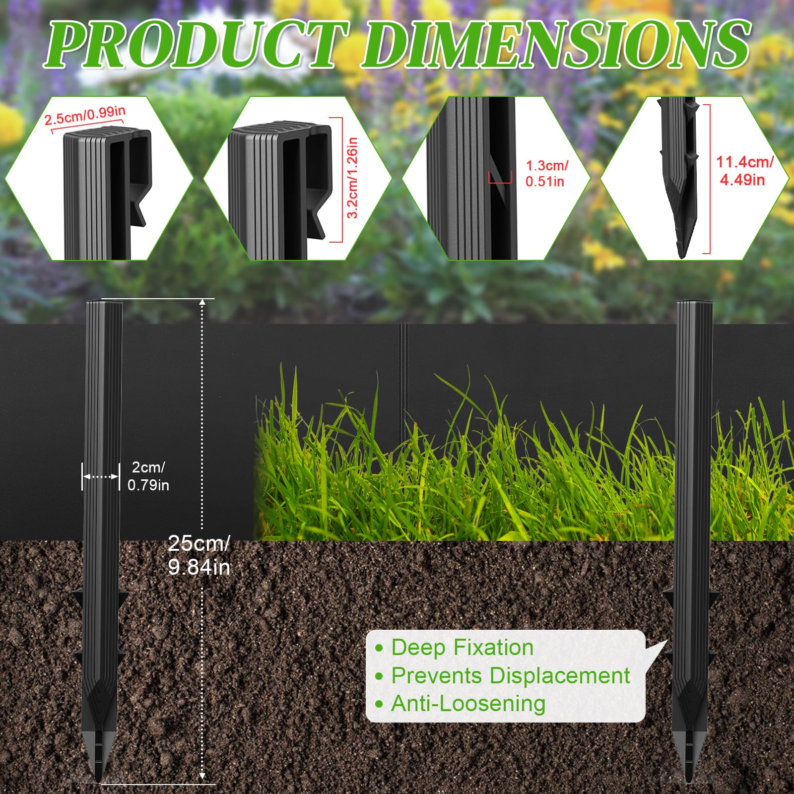 Ruppence stakes installed around a flowerbed showing tidy, reliable landscape anchoring