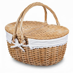 RURALITY front view of wicker picnic basket showing sturdy handle and lid benefit portability