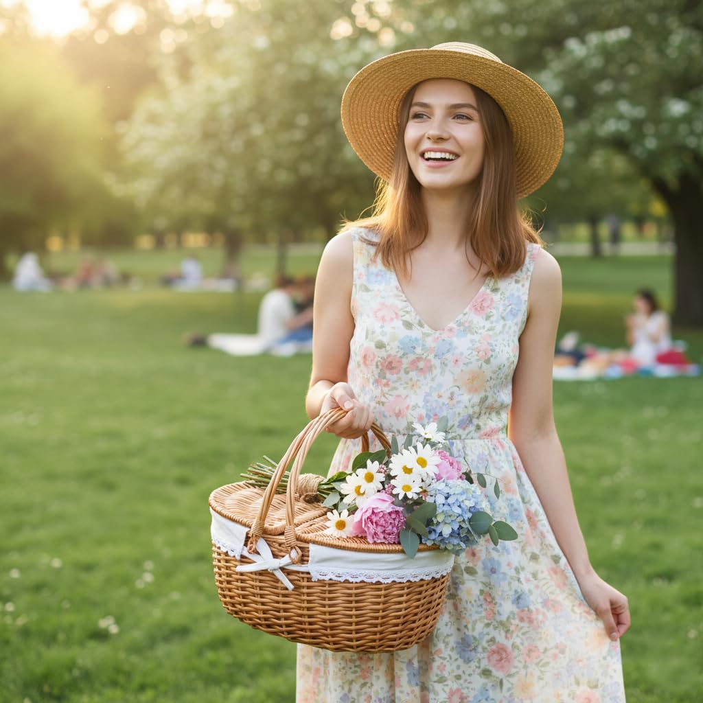 RURALITY basket on park blanket with food showing outdoor-ready presentation advantage