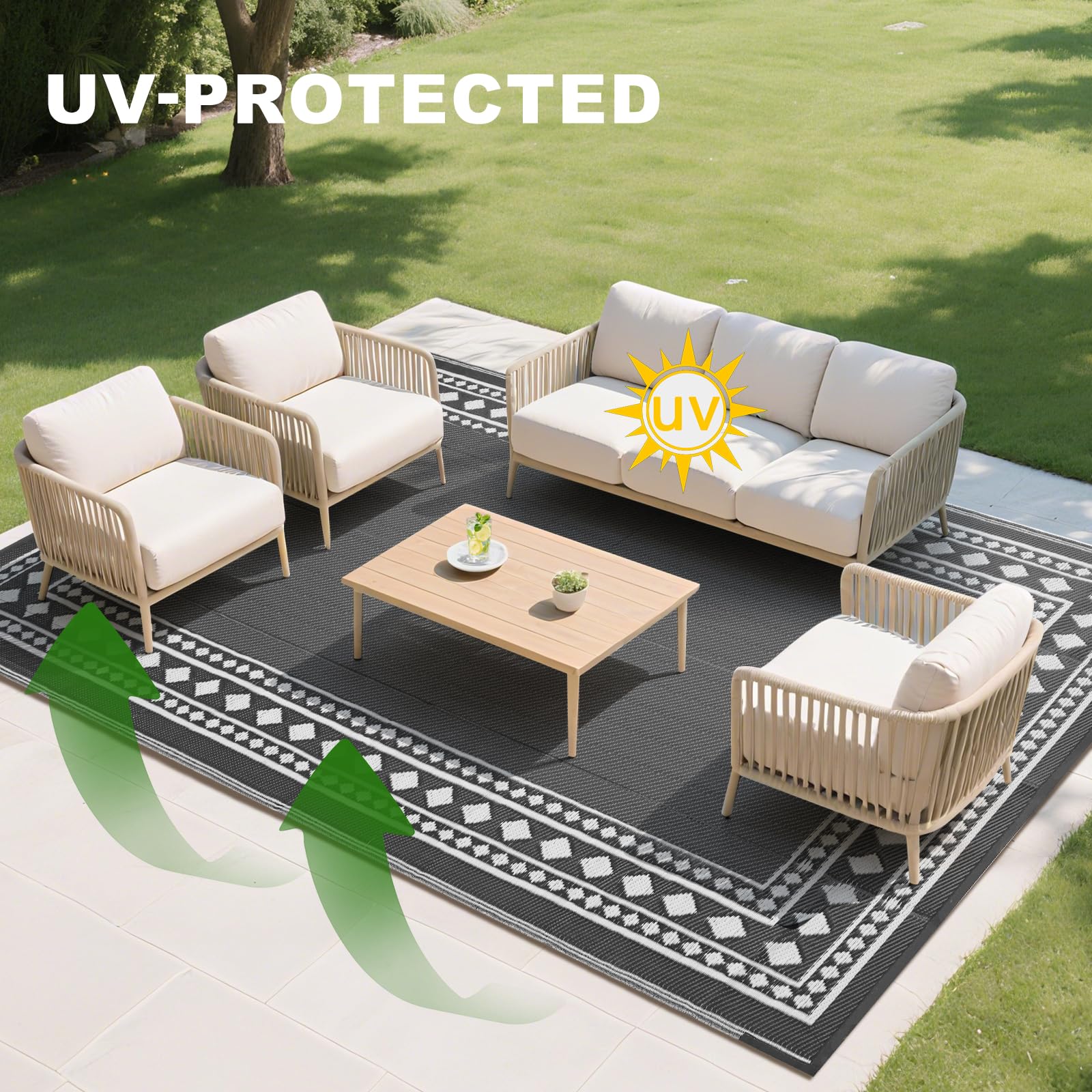 RURALITY outdoor rug styled on patio with furniture demonstrating aesthetic upgrade benefit