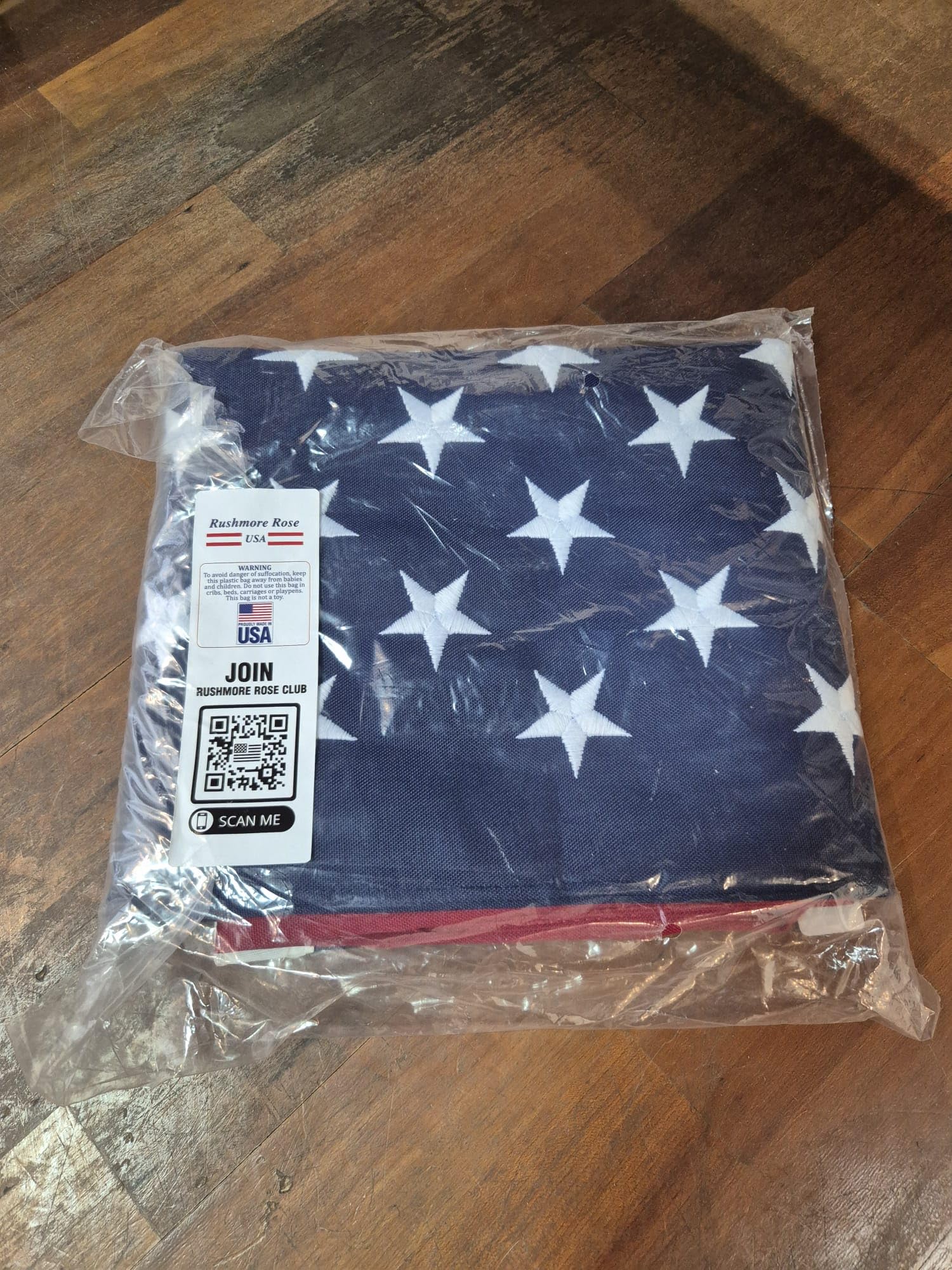Rushmore Rose USA packaged flag with label indicating made in USA