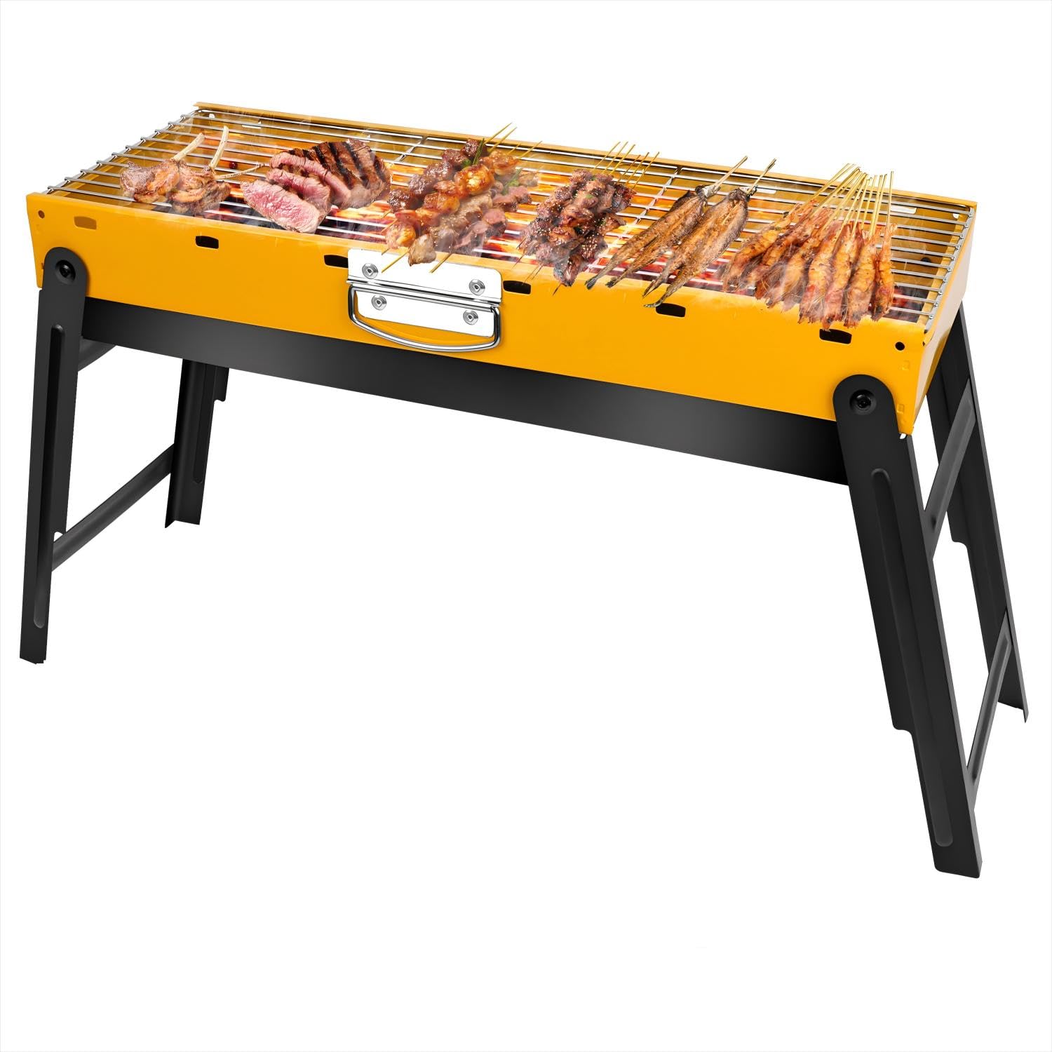 Ruutcasy front view of portable grill showing compact design and fast setup benefit