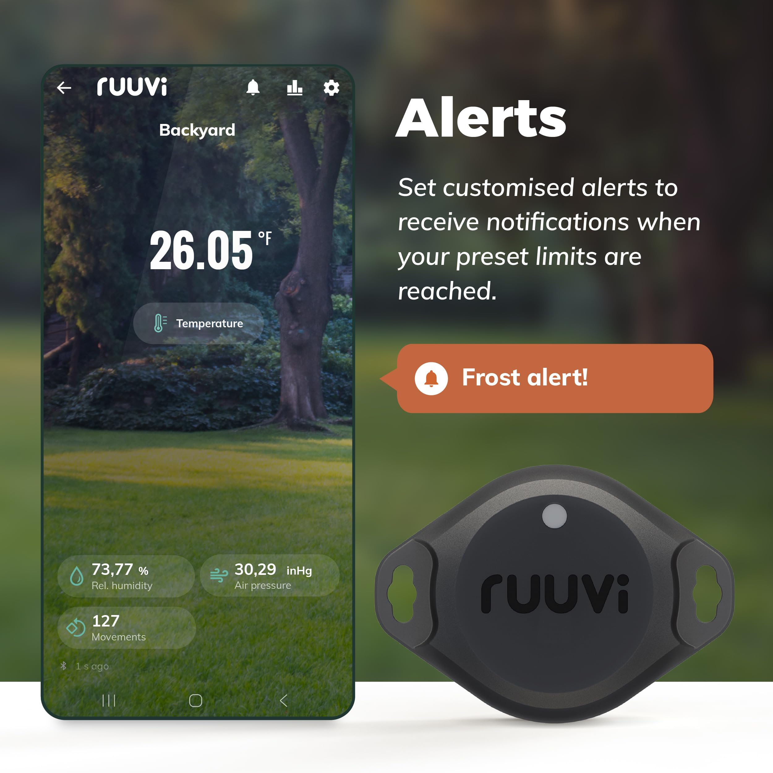 Ruuvi RuuviTag Pro weatherproof housing closeup showing IP67 seal for outdoor protection