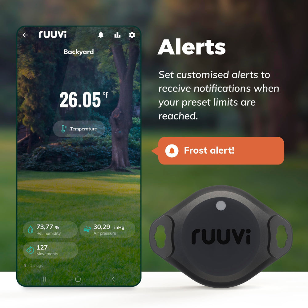 Ruuvi RuuviTag Pro weatherproof housing closeup showing IP67 seal for outdoor protection