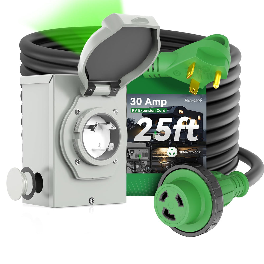 RVINGPRO inlet box front view showing weatherproof housing benefit
