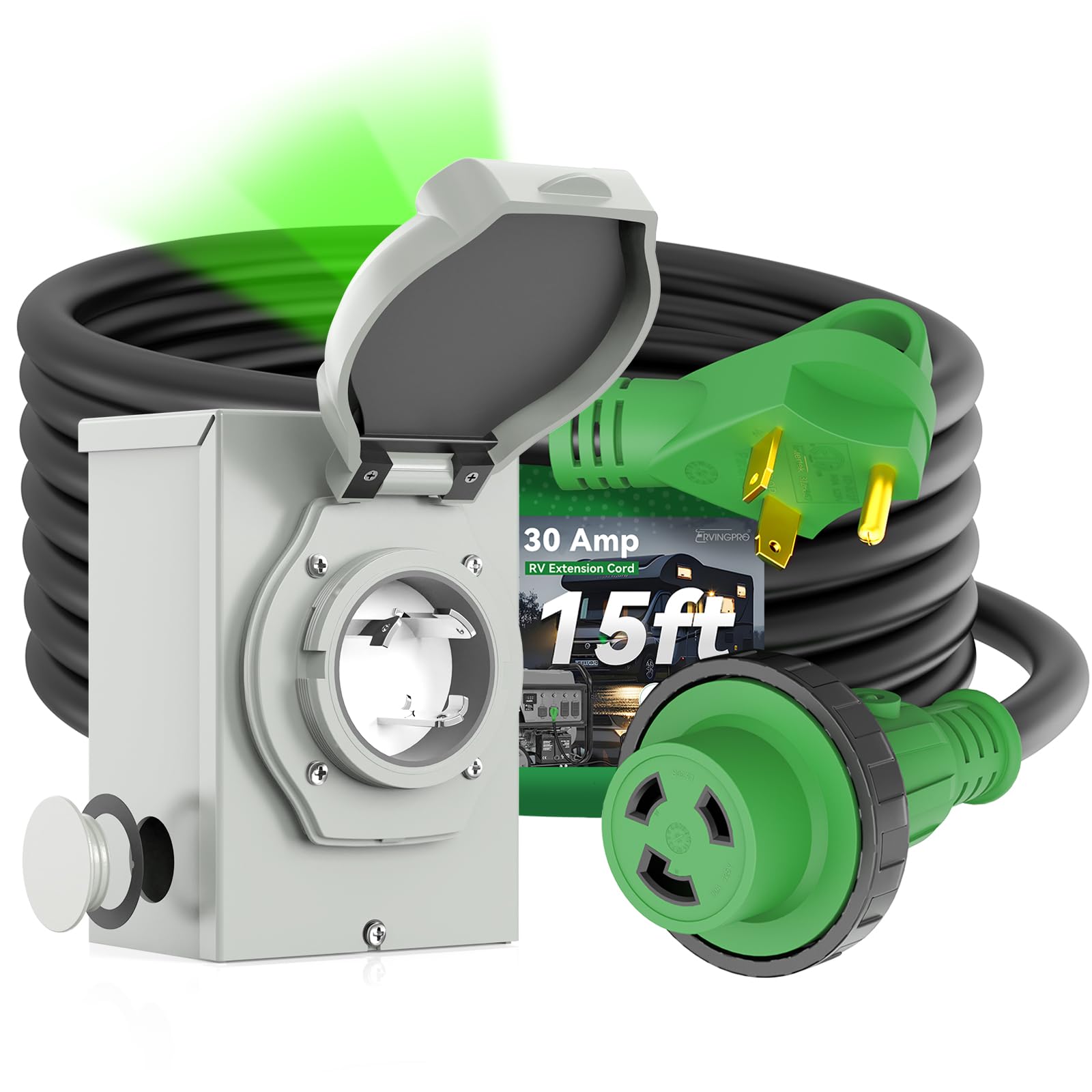 RVINGPRO inlet box front view showing weatherproof design and secure mount benefit