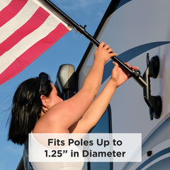 RVLock ANKR mounted on RV side with flag flying showing travel visibility benefit