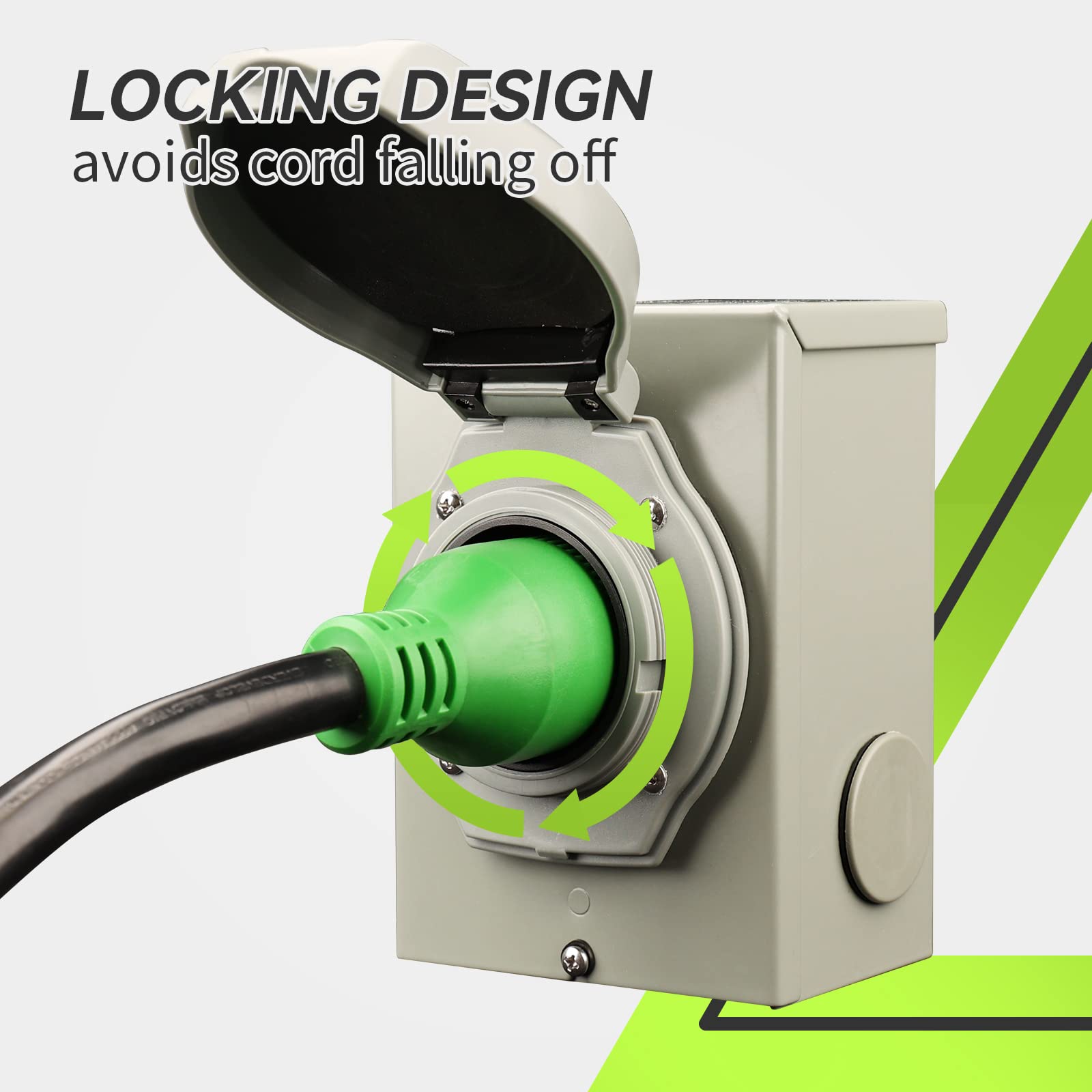 RVMATE cord in use at an RV inlet demonstrating safe generator-to-panel power hookup