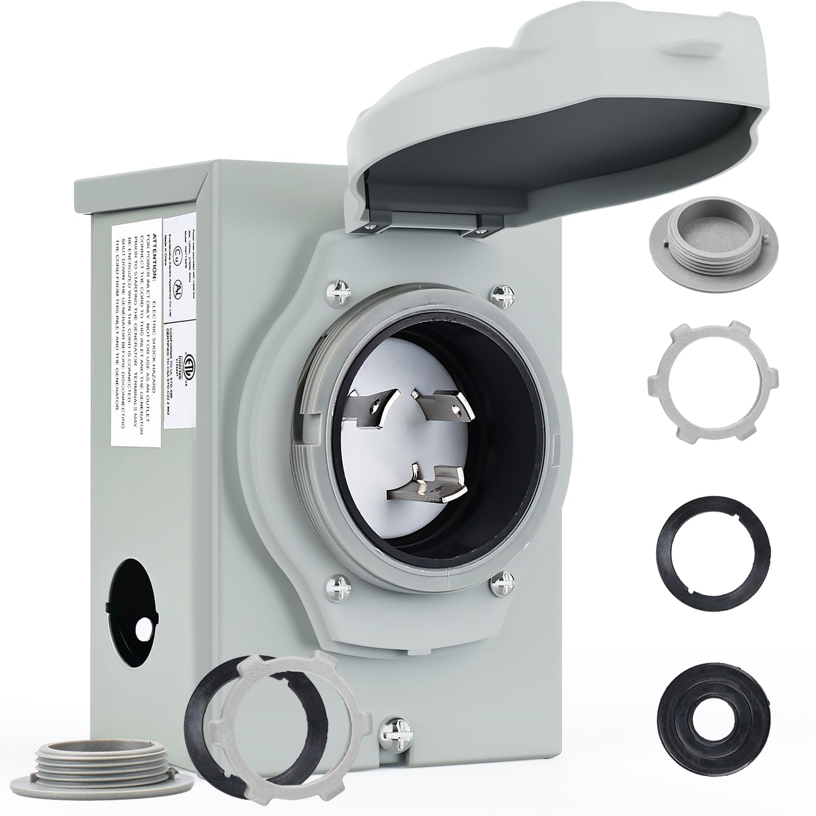 RVMATE front inlet box showing weatherproof flip cover and secure mount benefit