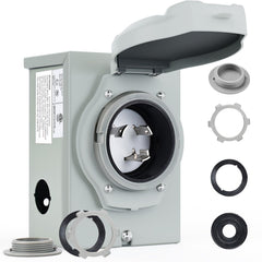 RVMATE front inlet box showing weatherproof flip cover and secure mount benefit