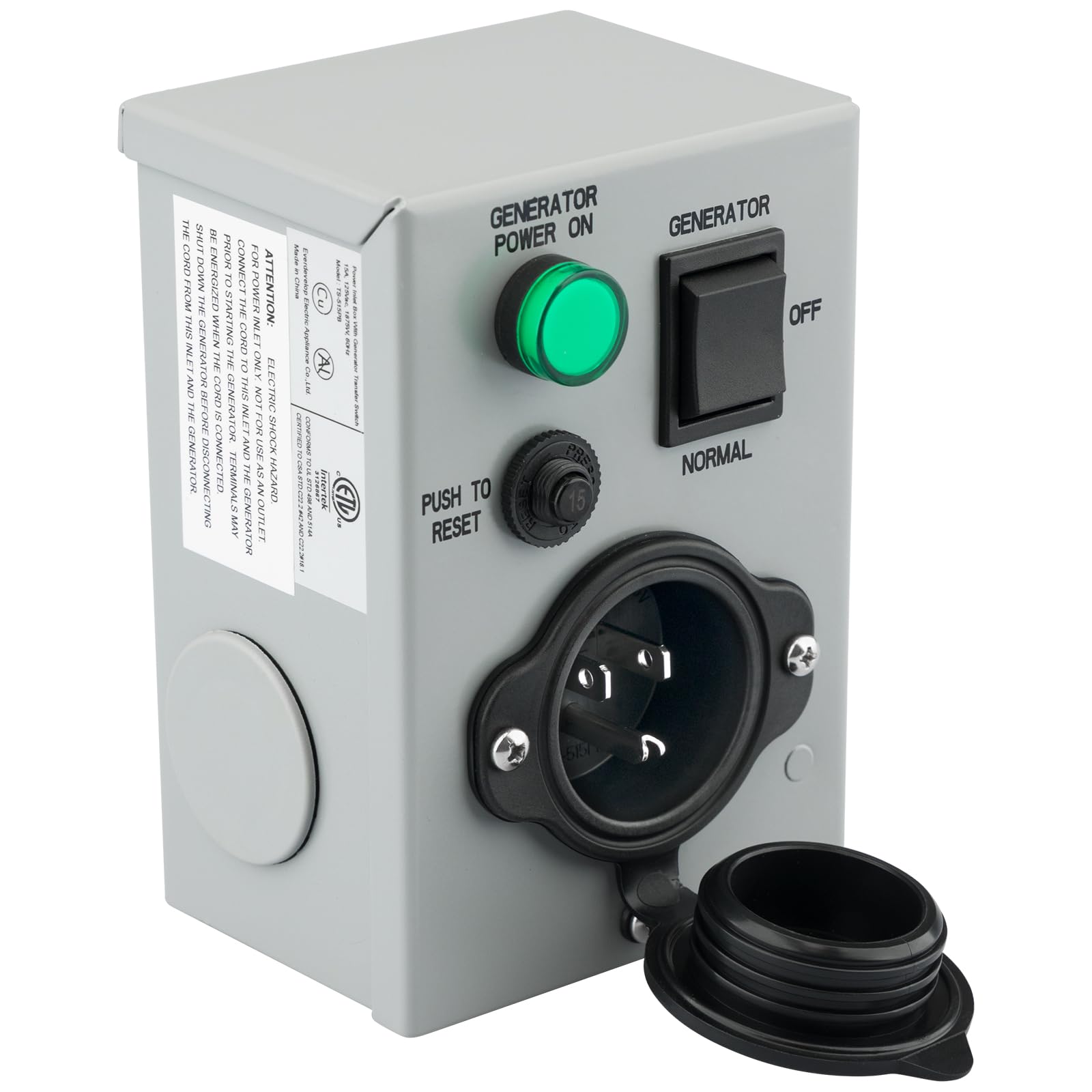 RVMATE front inlet box showing labeled generator switch and 15A inlet for safe power transfer