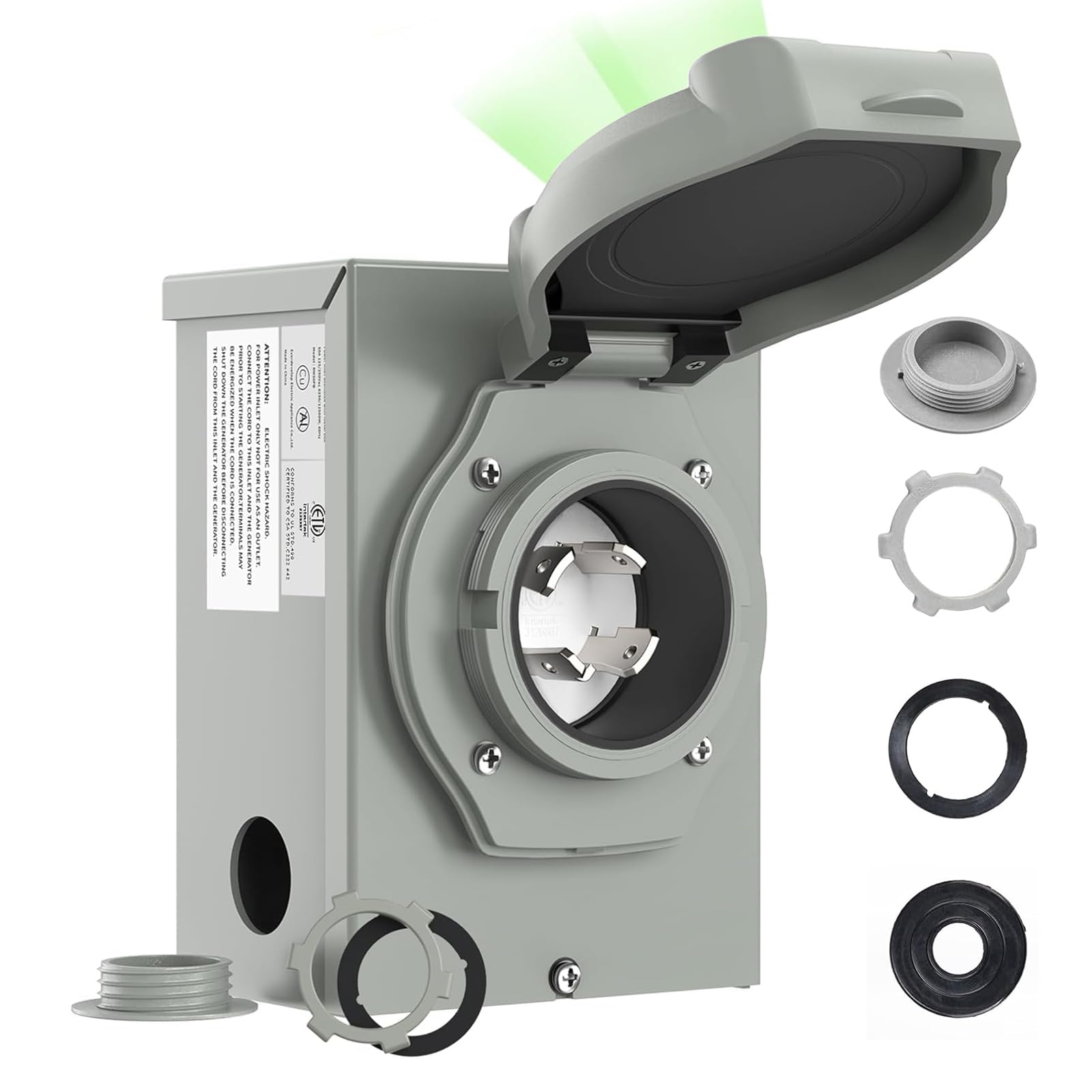 RVMATE front panel inlet box showing cover and connector for secure outdoor power