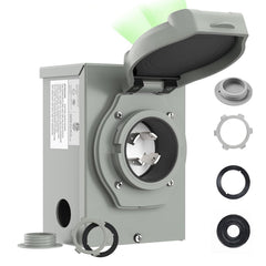 RVMATE front panel inlet box showing cover and connector for secure outdoor power