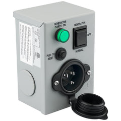 RVMATE front inlet box showing labeled generator switch and 15A inlet for safe power transfer