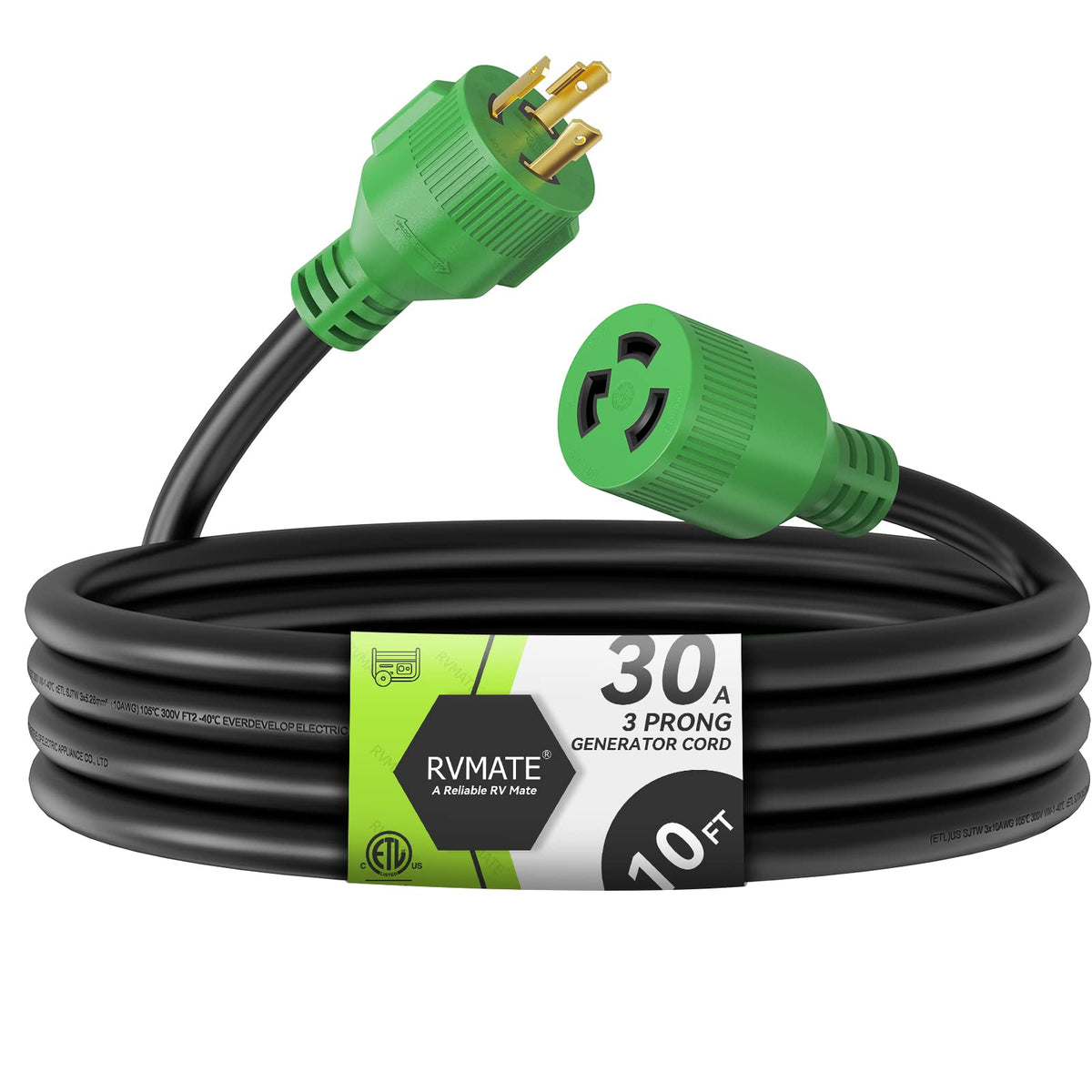 RVMATE front view of packaged 10ft 30A cord showing label and connectors, durable design benefit