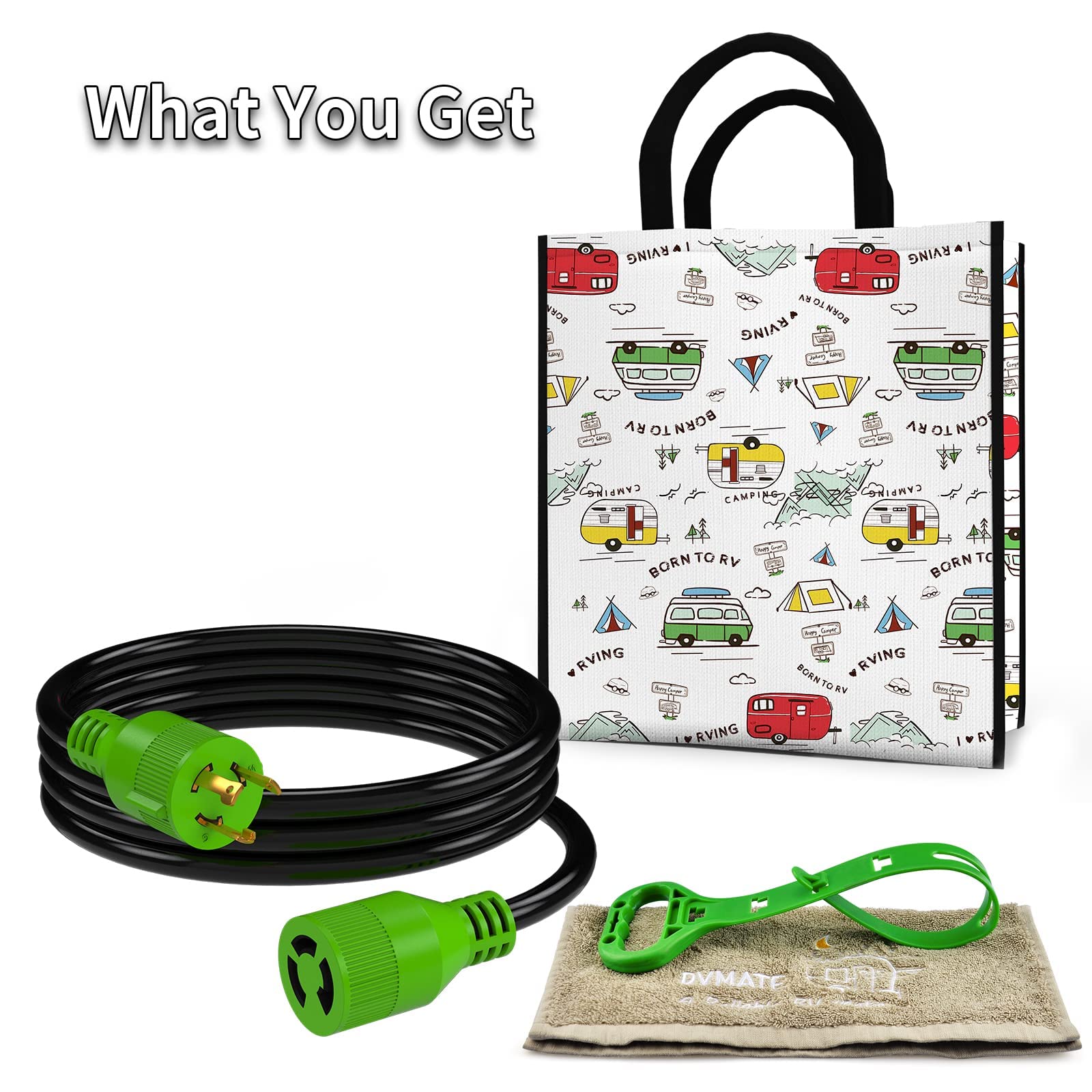 RVMATE adapter, bag and towel laid out showing included accessories and organized storage benefit