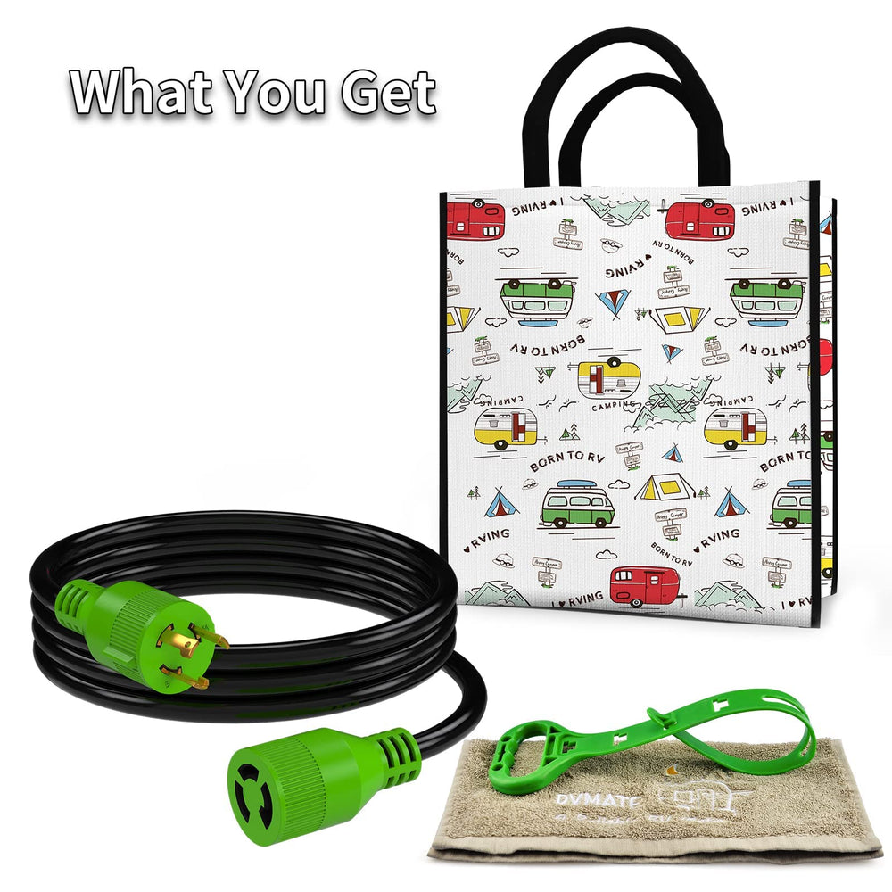 RVMATE adapter, bag and towel laid out showing included accessories and organized storage benefit