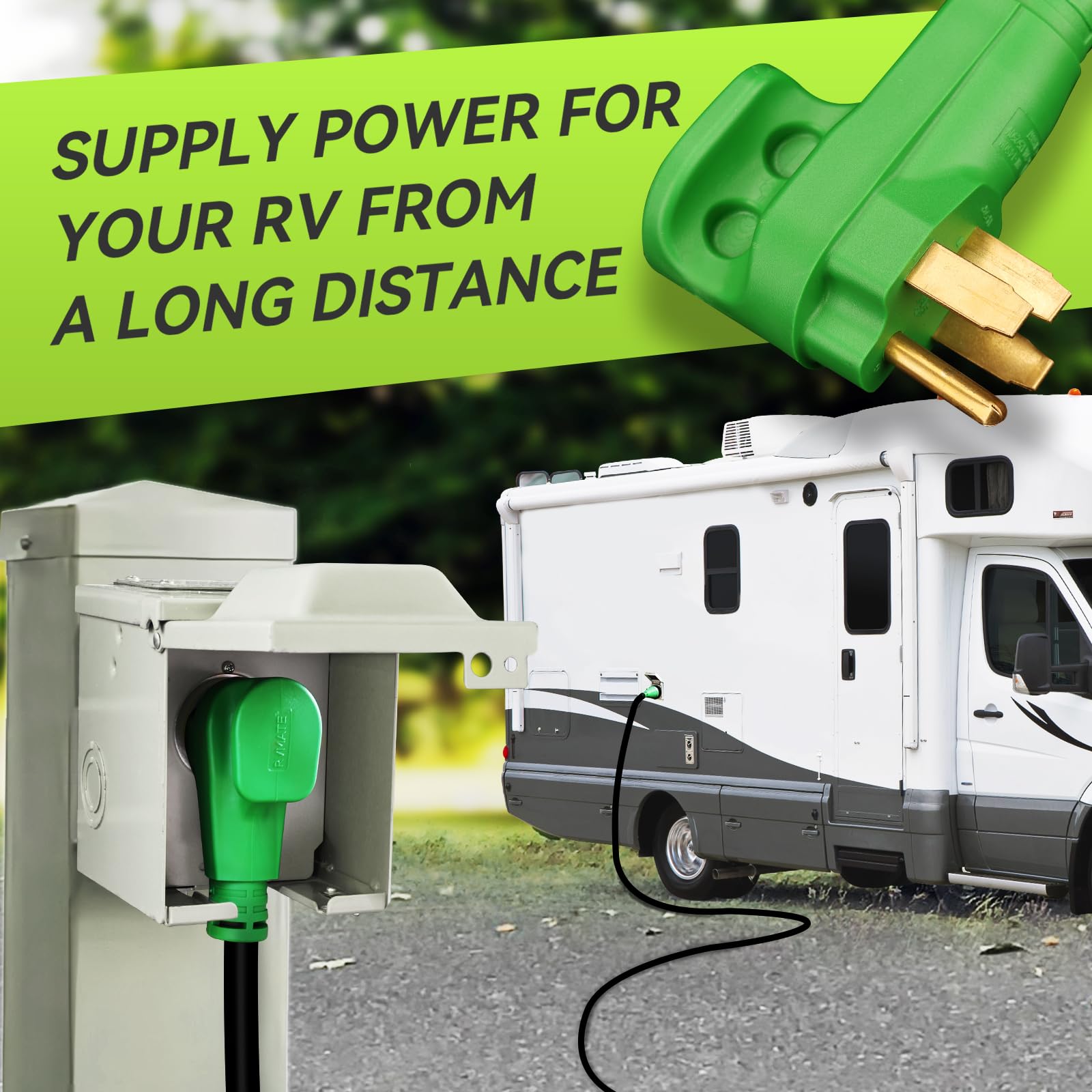 RVMATE close-up of lockable receptacle preventing accidental unplugging benefit