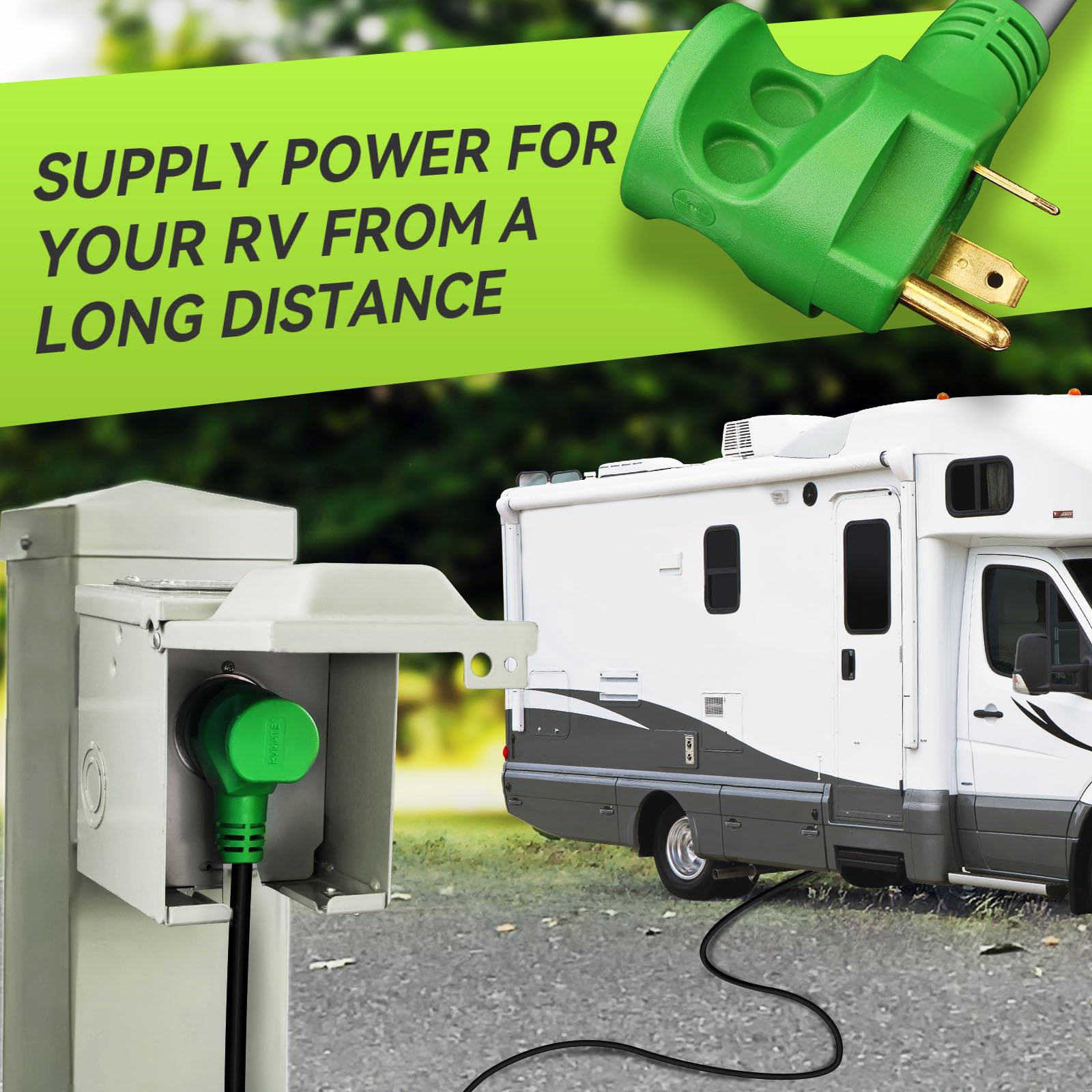 RVMATE right-angle 90-degree UV-resistant plug close-up showing strain-relief durability