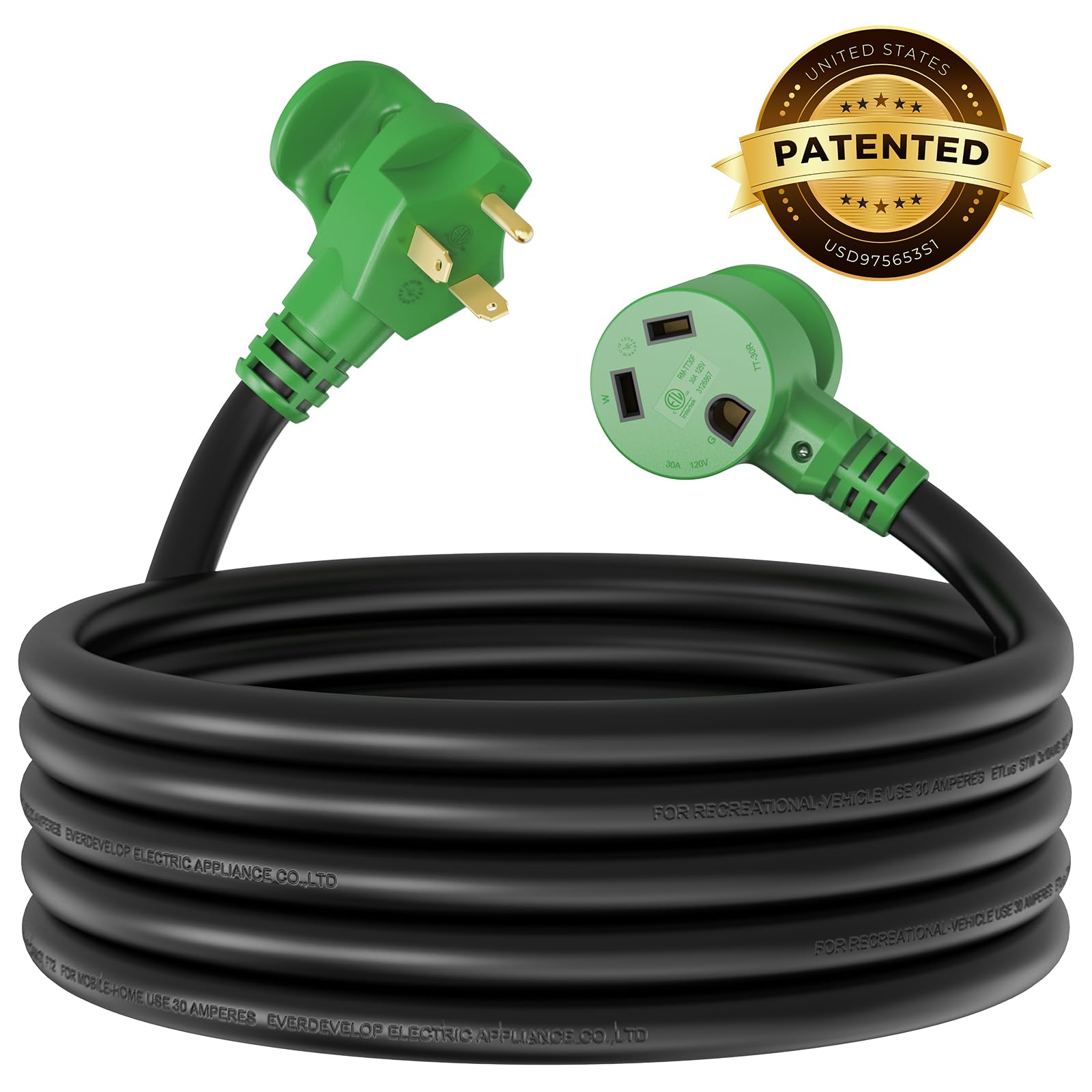 RVMATE cord held next to a hand to show 15-foot scale and compact 30A plug