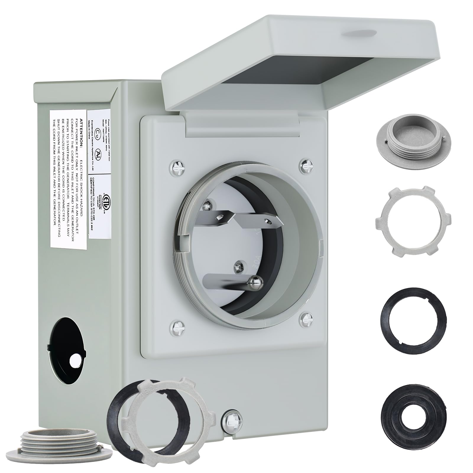 RVMATE TT-30P front view showing inlet and weatherproof cover protecting connector