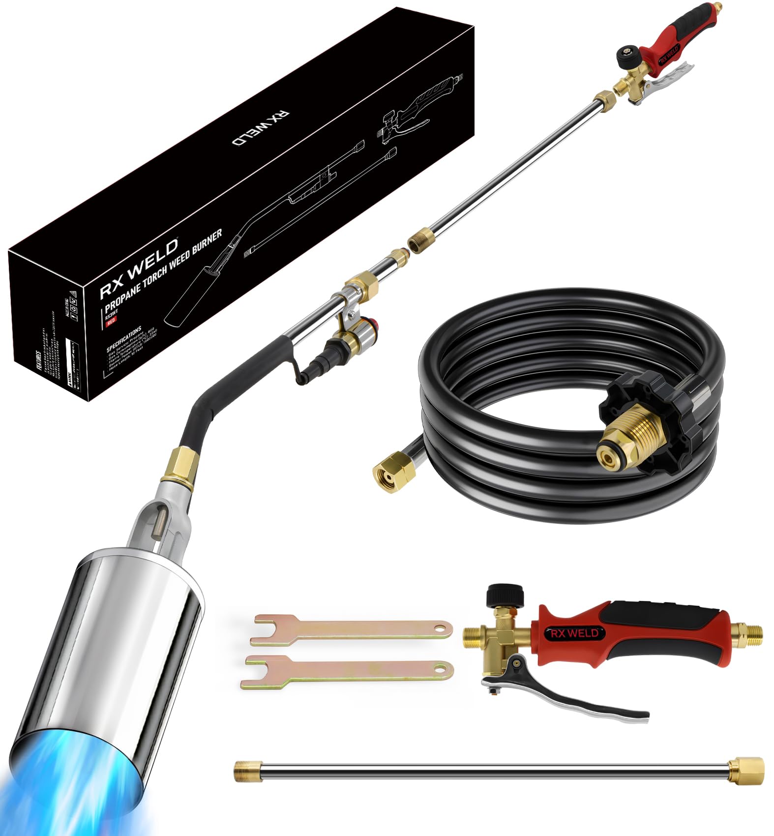 RX WELD torch front view showing ergonomic design and benefits