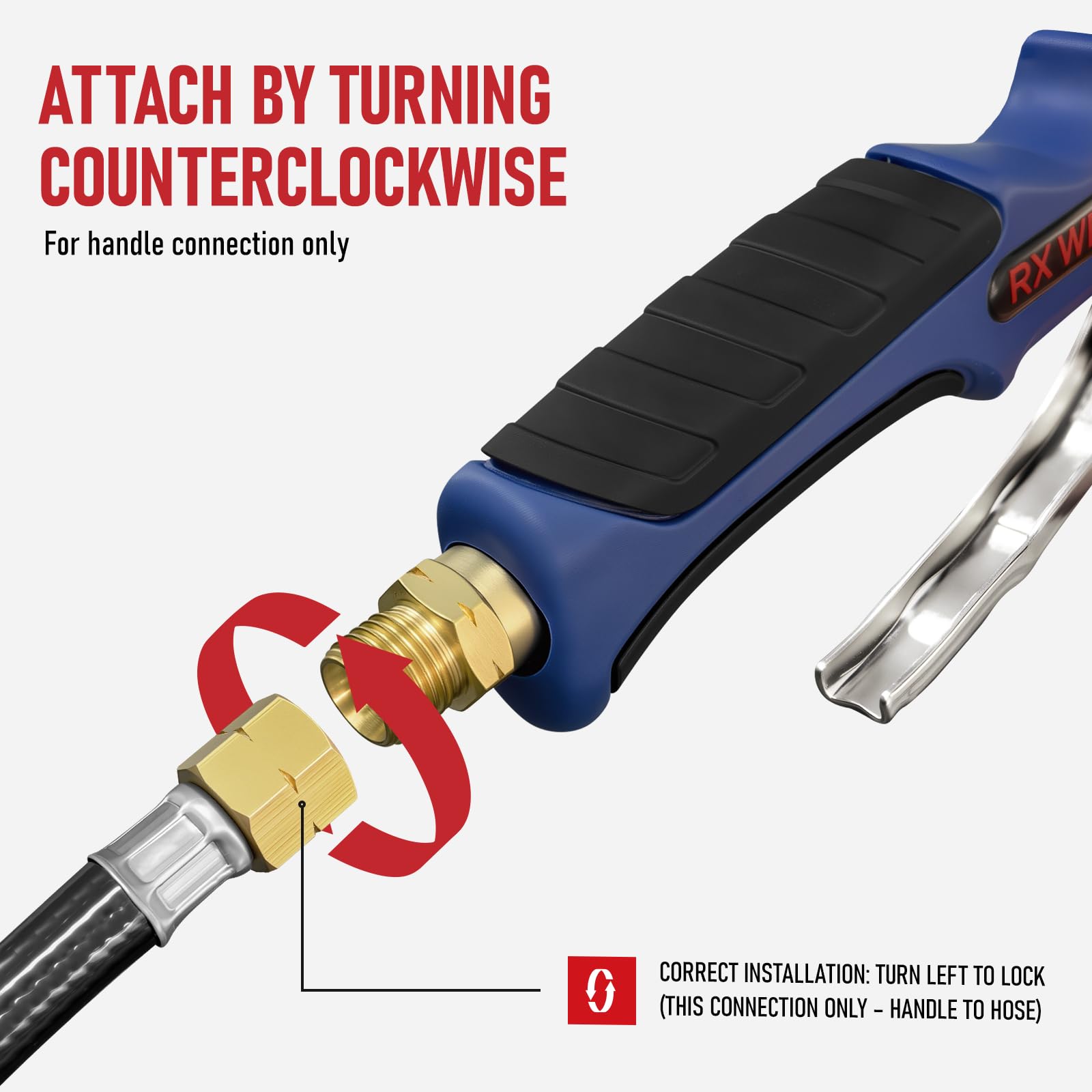 RX WELD heavy-duty 10ft hose detail showing durable fittings and flexible reach for safer tank placement