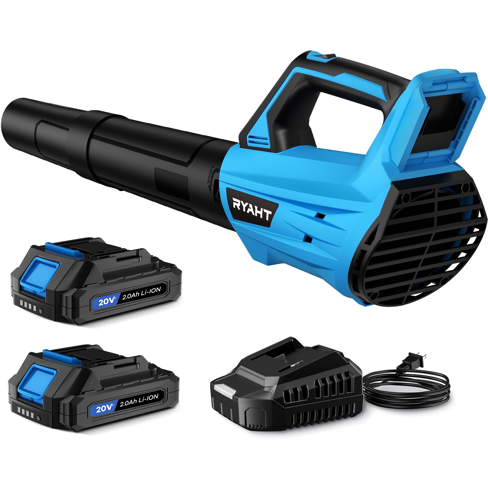 RYAHT front view of leaf blower showing compact body and nozzle for easy storage