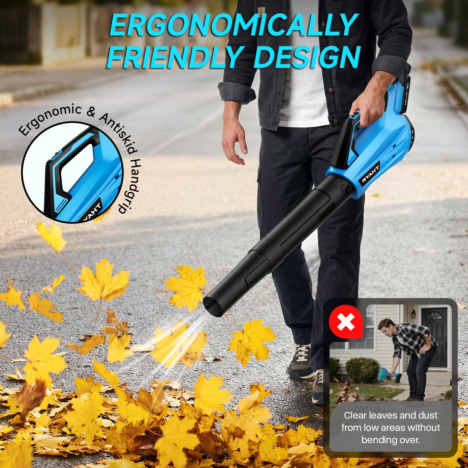 RYAHT blower next to ruler demonstrating lightweight 3.4 lb portability