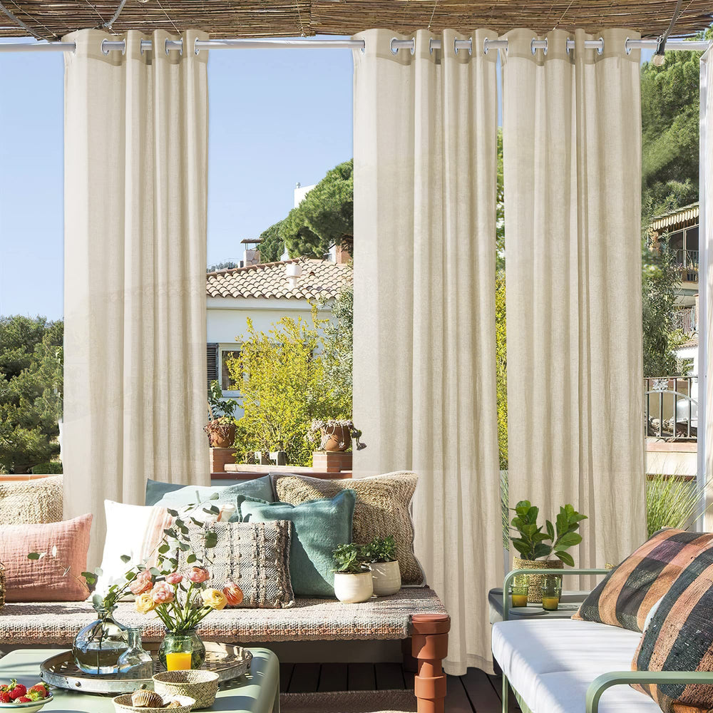 RYB HOME front view of two packaged outdoor curtain panels showing style and size