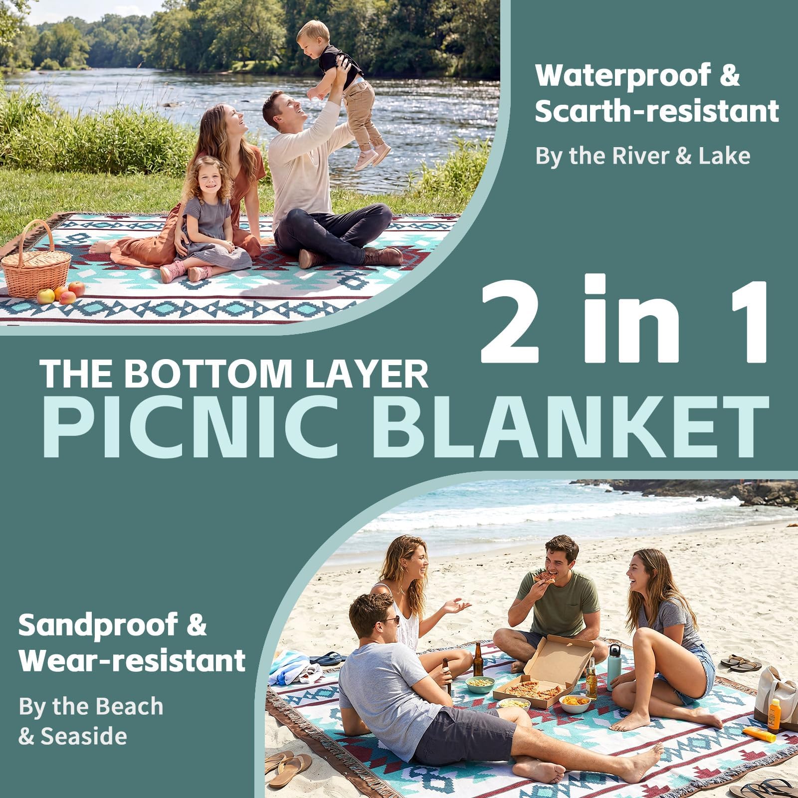 RYCHIC blanket spread on beach providing sand-free seating