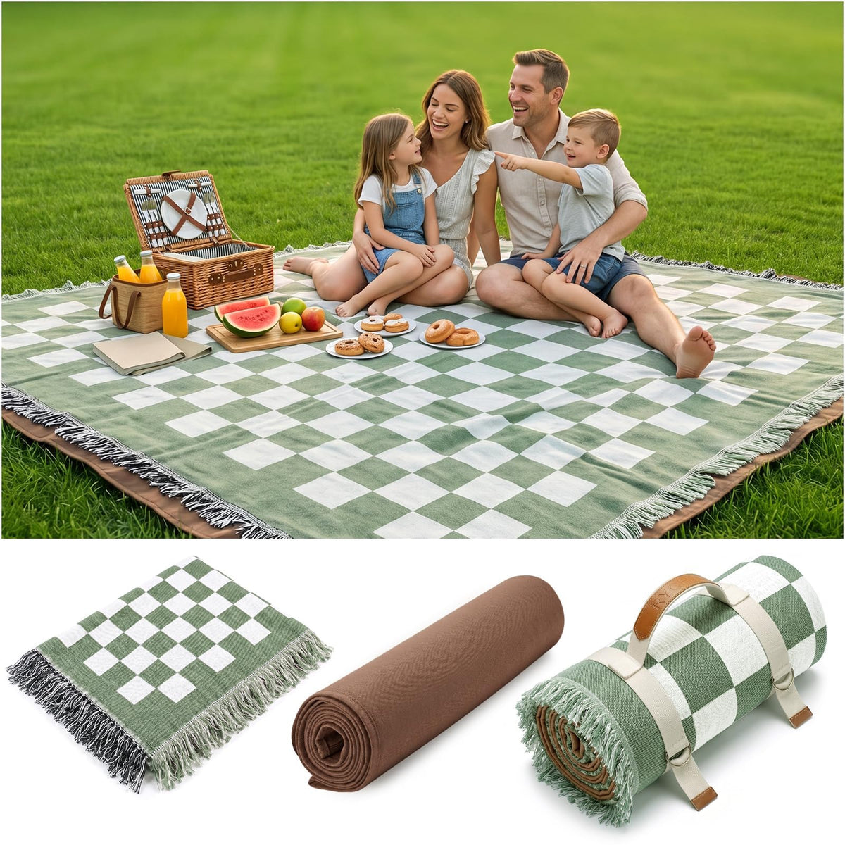RYCHIC front view of extra large outdoor blanket showing pattern and size benefit