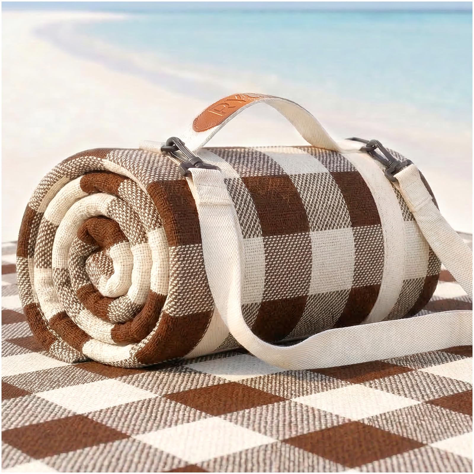 RYCHIC front view of oversized beach blanket showing full spread and benefit of extra space