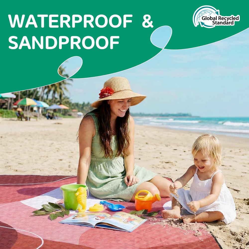 RYCHIC blanket in use on the beach with family, showing roomy comfort and sand resistance
