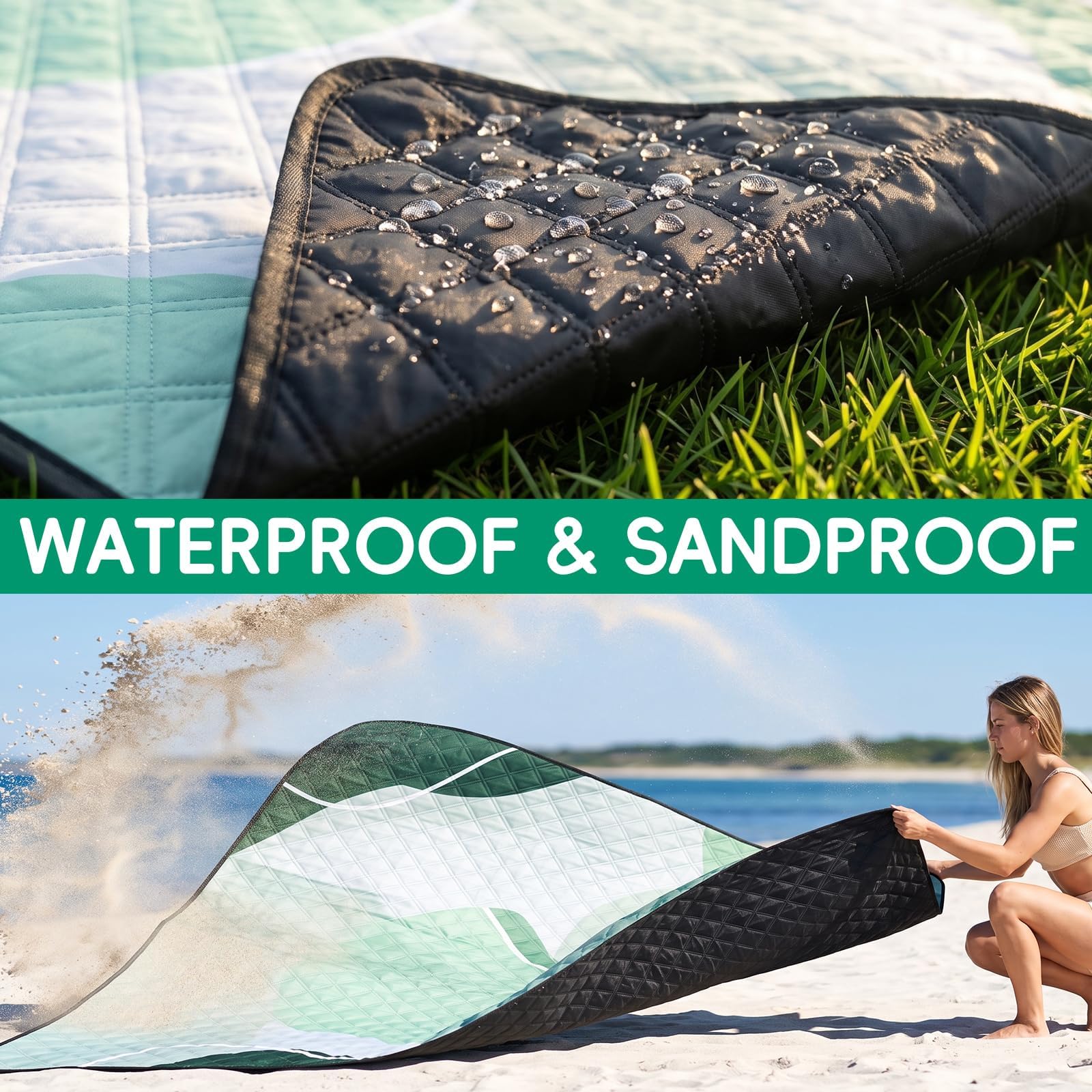 RYCHIC blanket on sandy beach repelling sand and staying clean