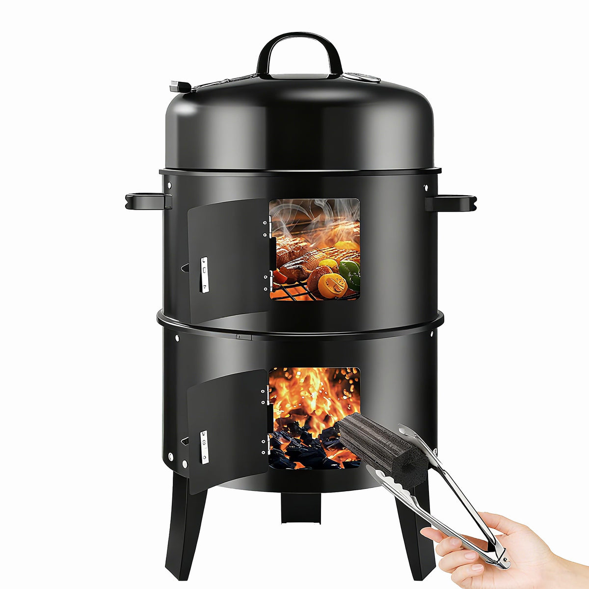 RYHOFOUD front view of vertical smoker showing stacked grates and compact footprint benefit